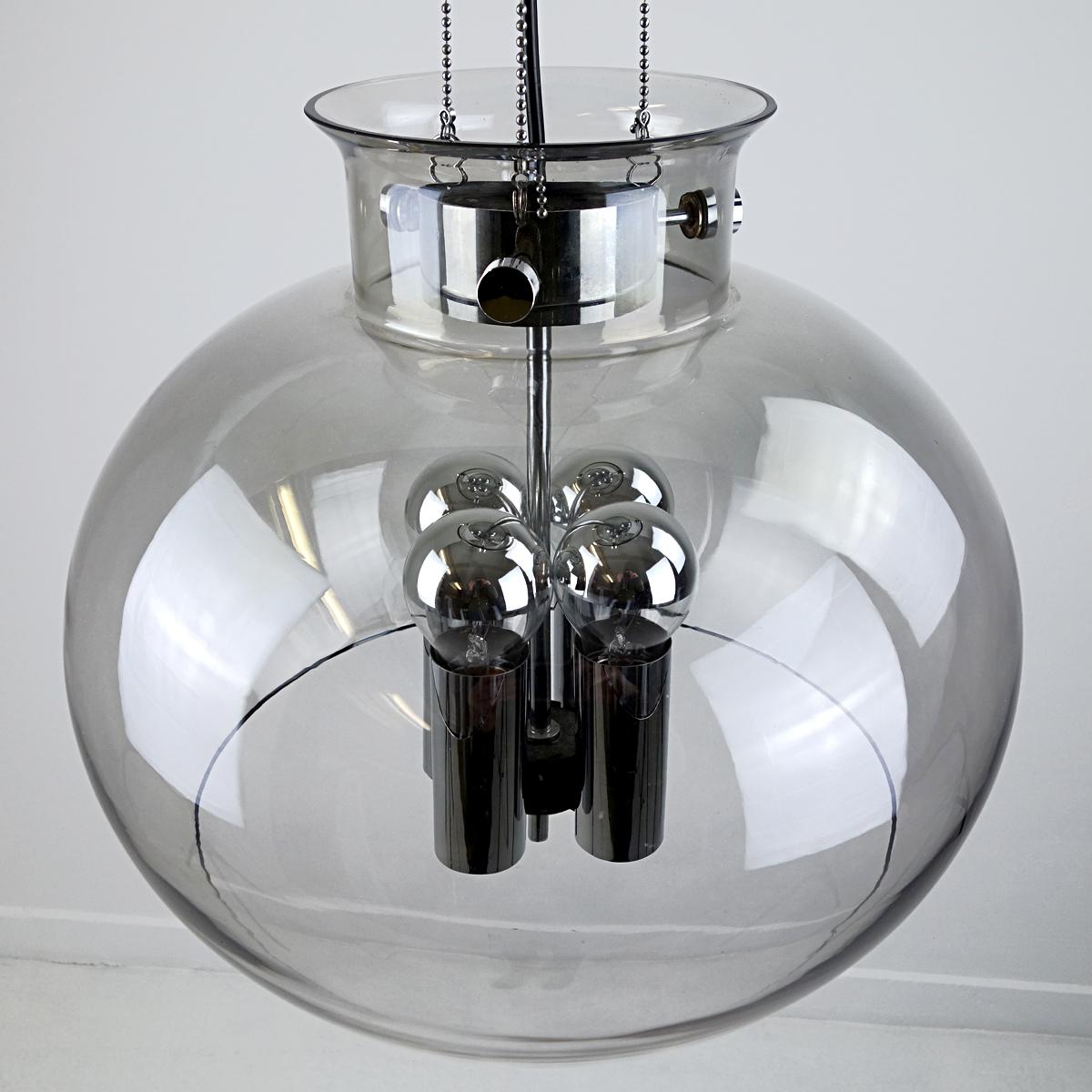 Late 20th Century Large Midcentury Glass Ball Pendant with Chrome Hardware by Glasshütte Limburg For Sale