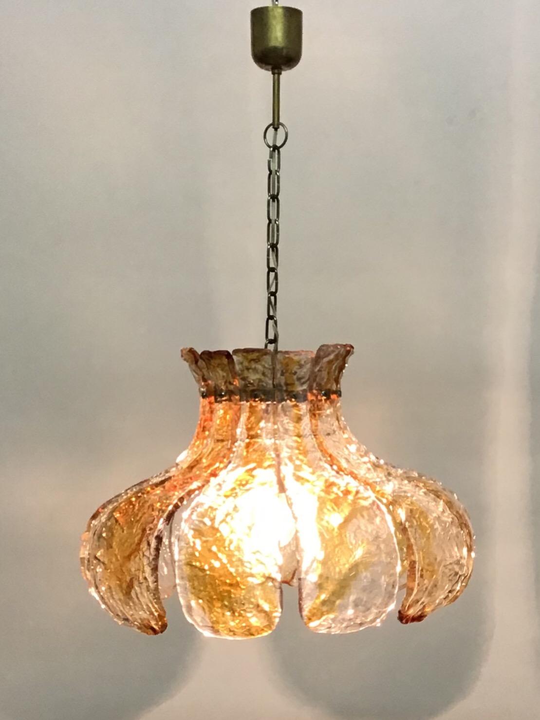 Italian Large Tulip Flower Amber Murano Glass Chandelier by Mazzega,  1960s For Sale