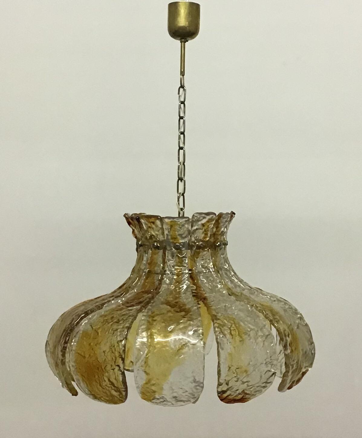 Brass Large Tulip Flower Amber Murano Glass Chandelier by Mazzega,  1960s For Sale