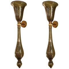 tiffany and co olive leaf earrings Large Midcentury Gray w/Gold Flakes Murano Glass Sconces Attr Venini Italy 1960