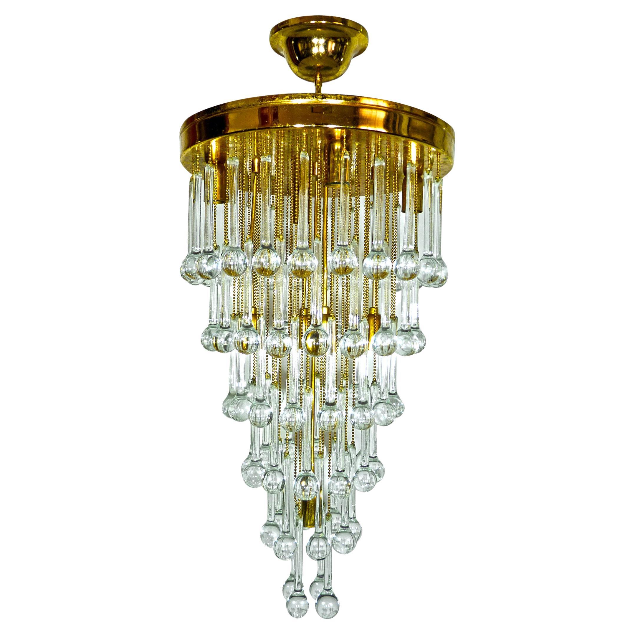 Large Midcentury Hollywood Regency Crystal Waterfall Weddingcake Gilt Chandelier