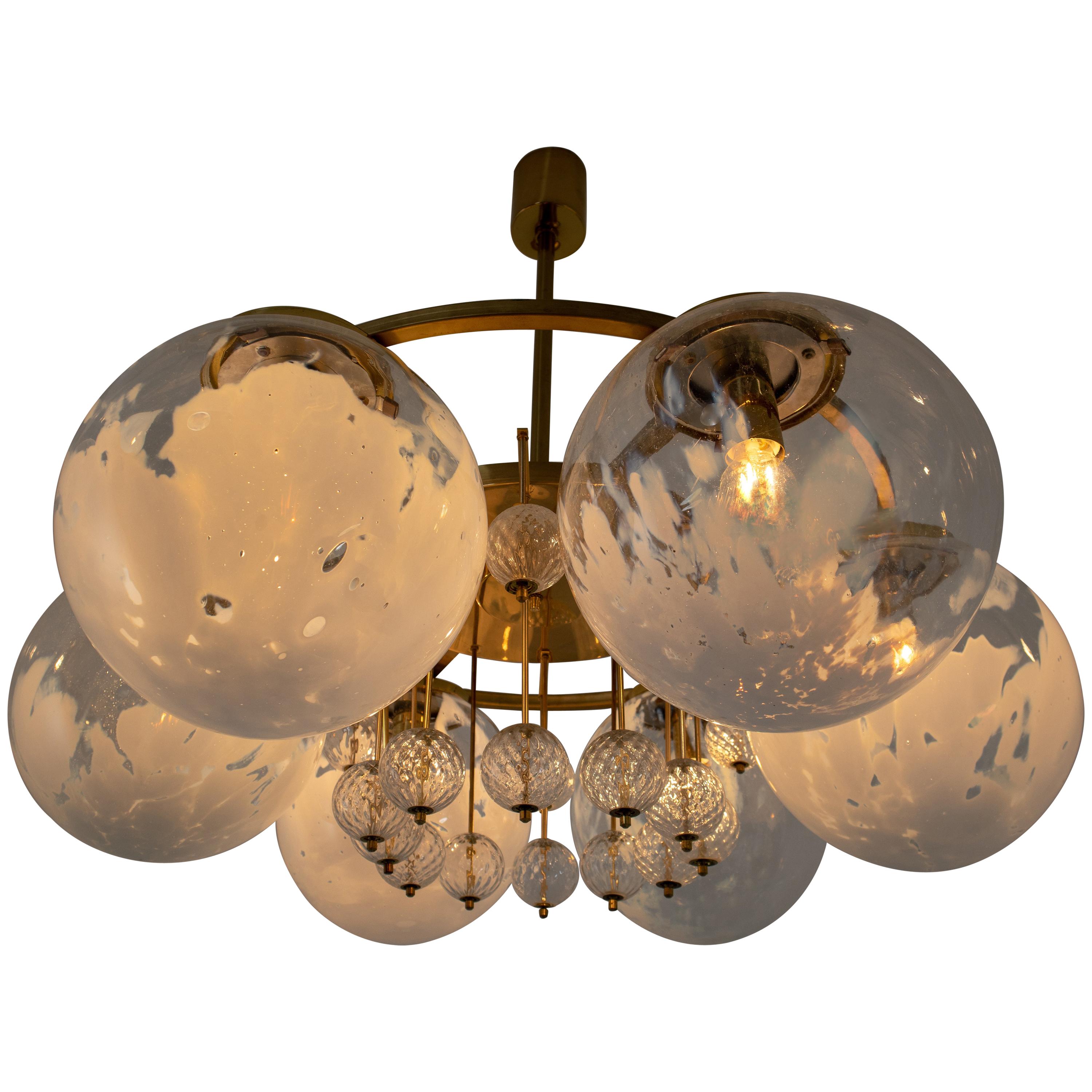 Large Midcentury Hotel Chandelier, in Brass and Decorated Art Glass