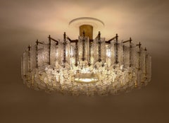 Large Midcentury Hotel Chandelier in Structured Glass and Brass from Europe 1960