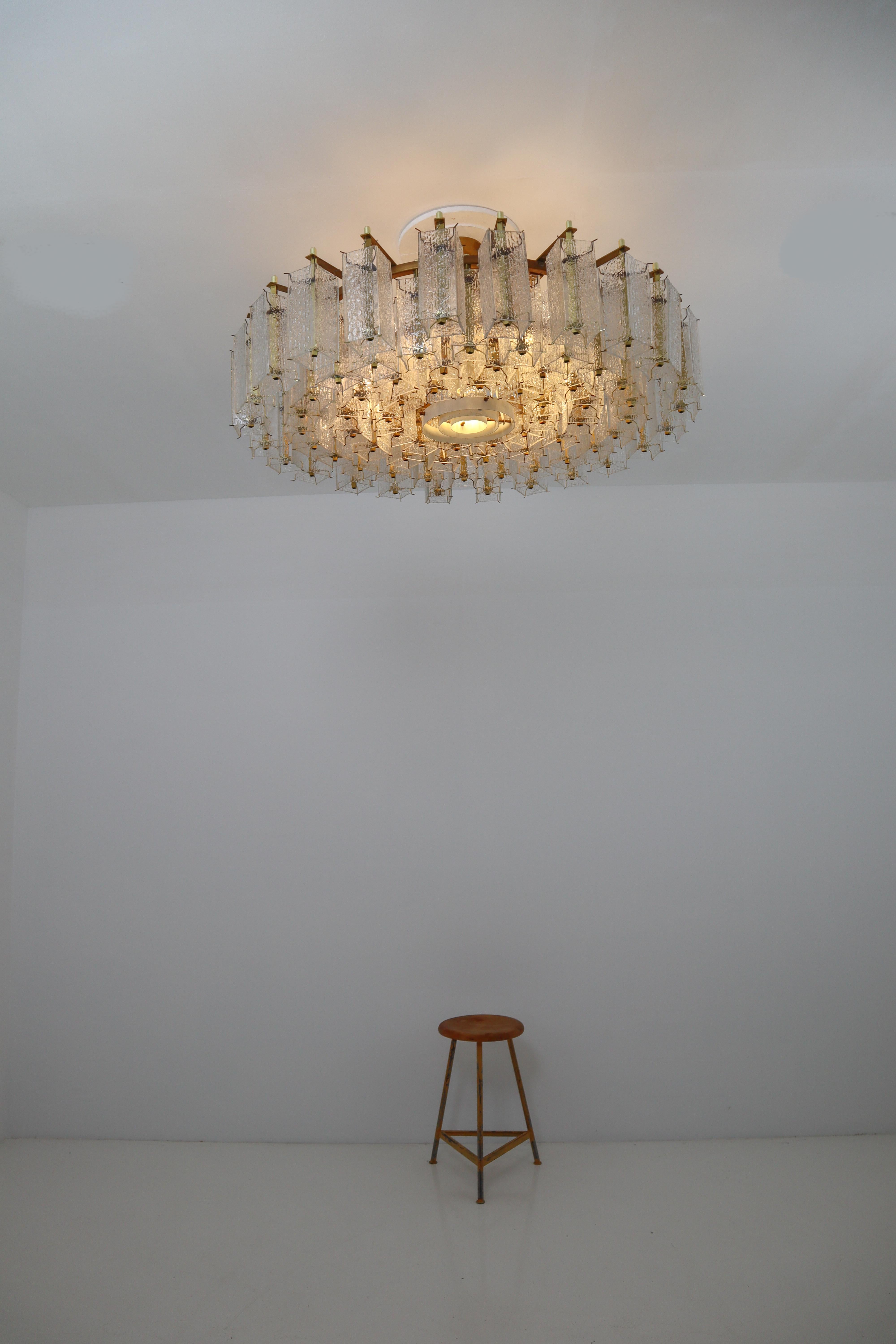 Large Midcentury Hotel Chandelier in Structured Glass and Brass from Europe 1960 In Good Condition In Almelo, NL