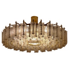 Large Midcentury Hotel Chandelier in Structured Glass and Brass from Europe 1960