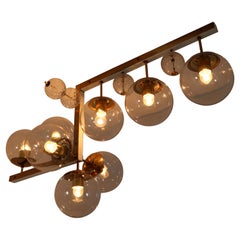 Large Midcentury Hotel Light Fixture in Brass and Hand Blown Glass Europe, 1970s
