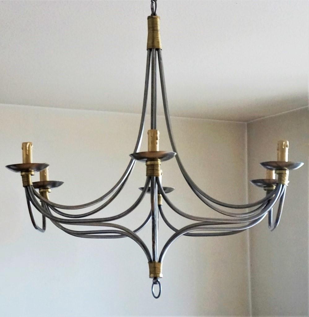 Mid-Century Modern Large Midcentury Italian Brushed Chrome and Brass Six-Light Chandelier For Sale
