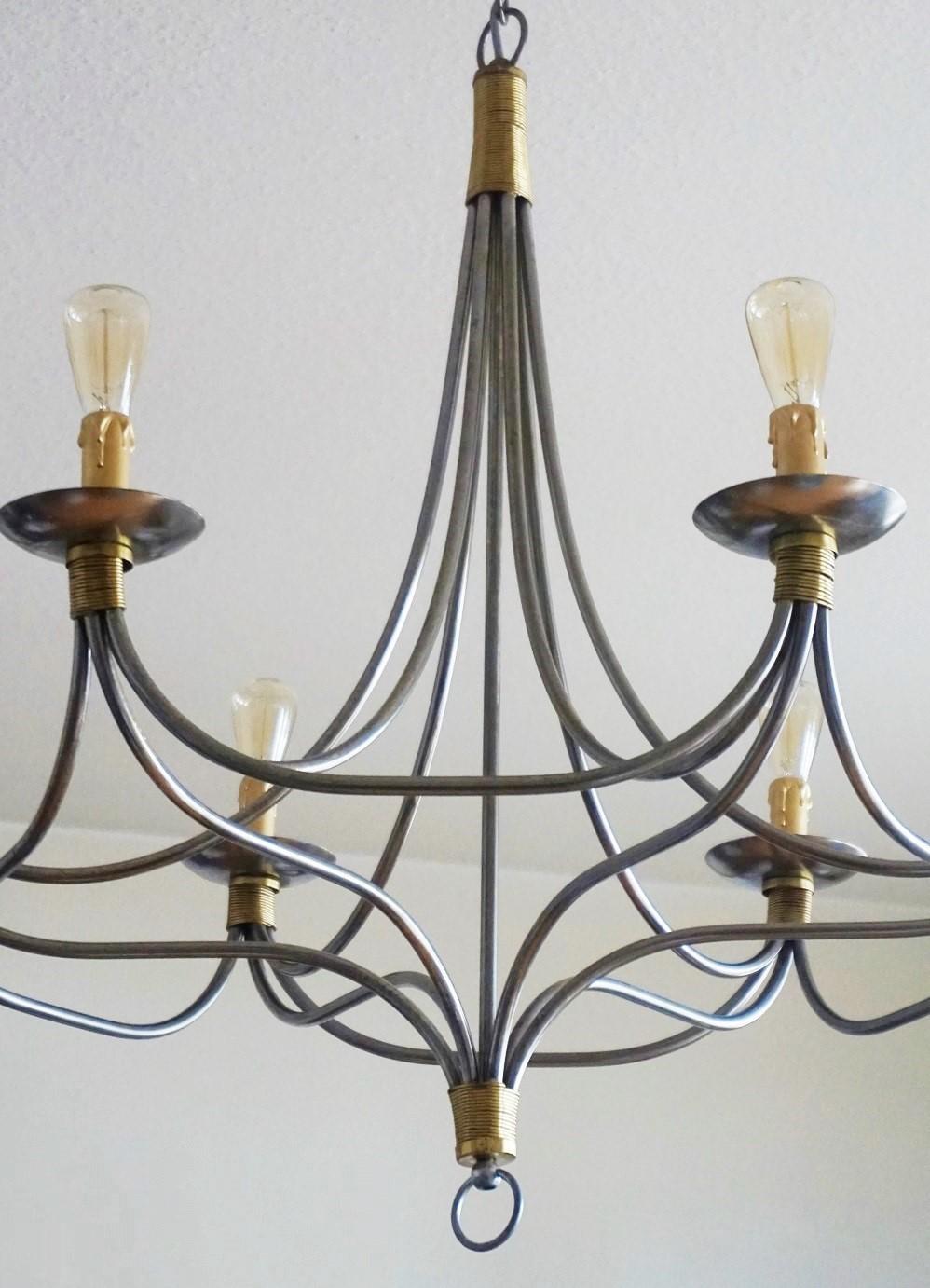 20th Century Large Midcentury Italian Brushed Chrome and Brass Six-Light Chandelier For Sale