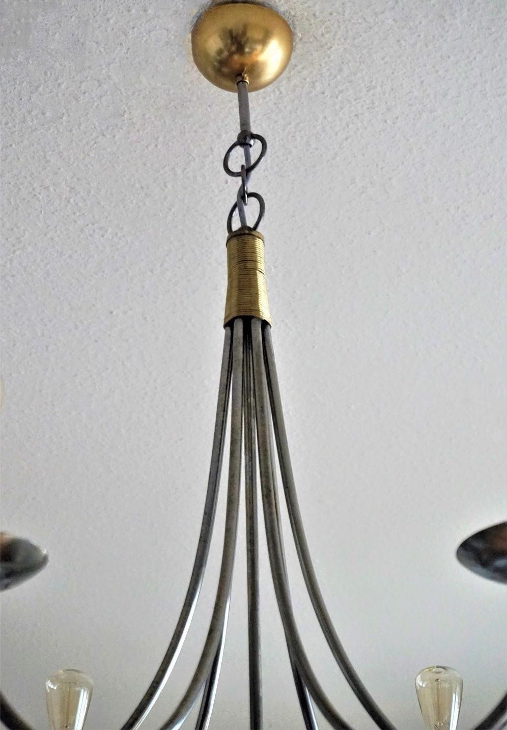 Large Midcentury Italian Brushed Chrome and Brass Six-Light Chandelier For Sale 1