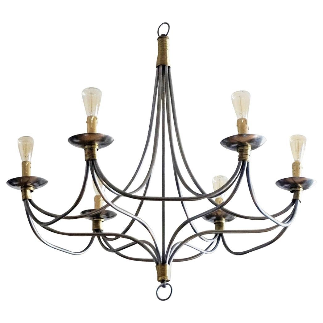 Large Midcentury Italian Brushed Chrome and Brass Six-Light Chandelier
