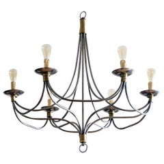 Vintage Large Midcentury Italian Brushed Chrome and Brass Six-Light Chandelier