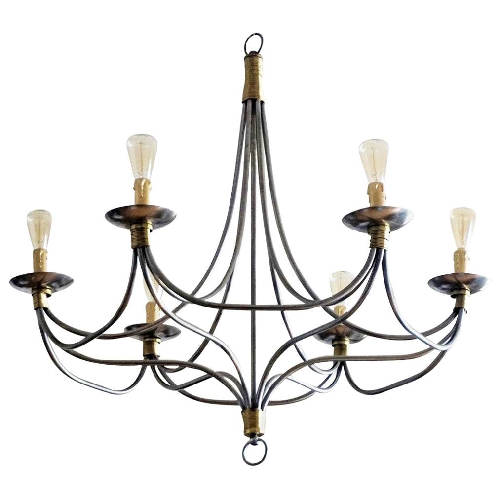 Large Midcentury Italian Brushed Chrome and Brass Six-Light Chandelier For Sale