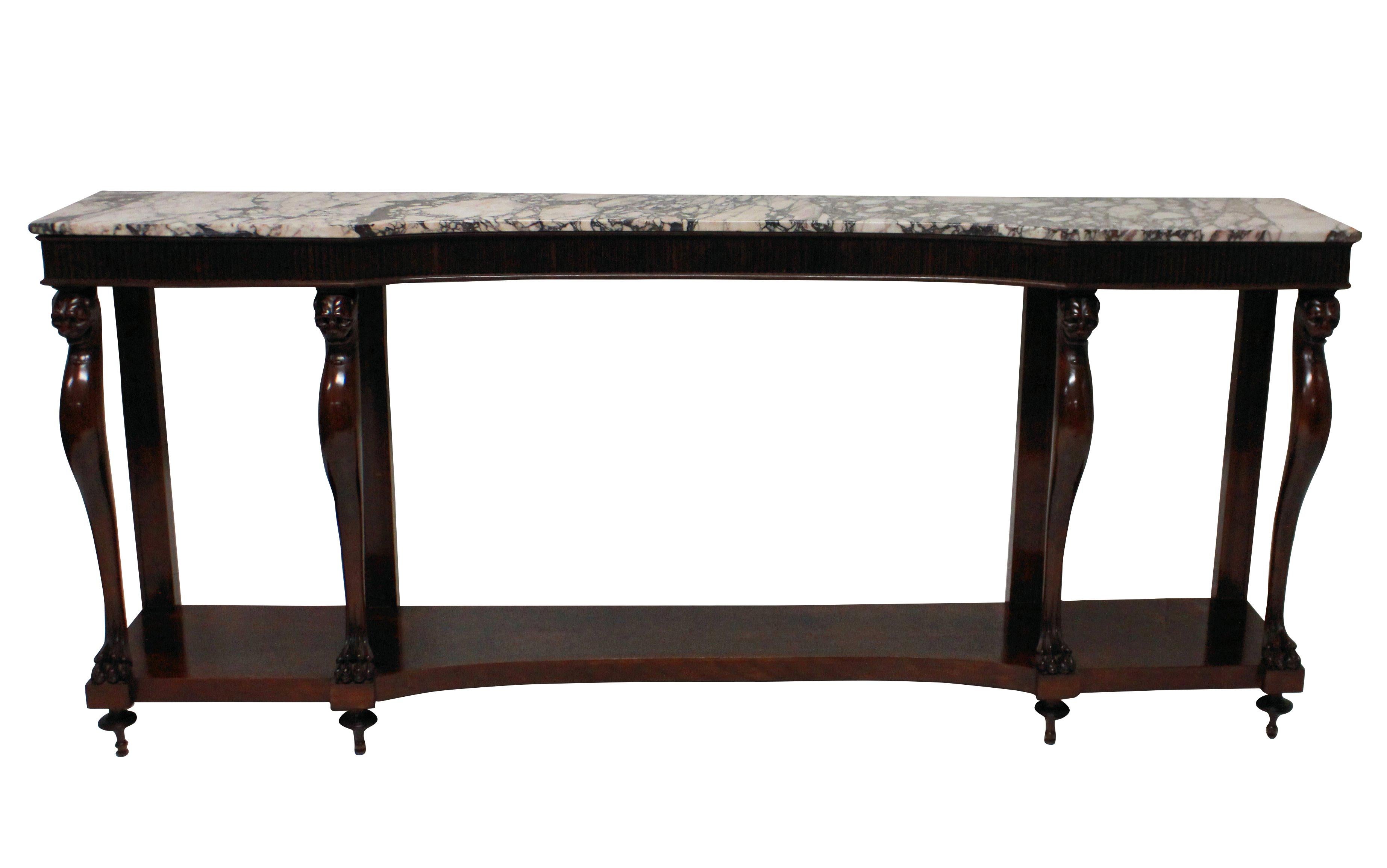Mahogany Large Midcentury Italian Console Table with a Breche Violette Marble Top