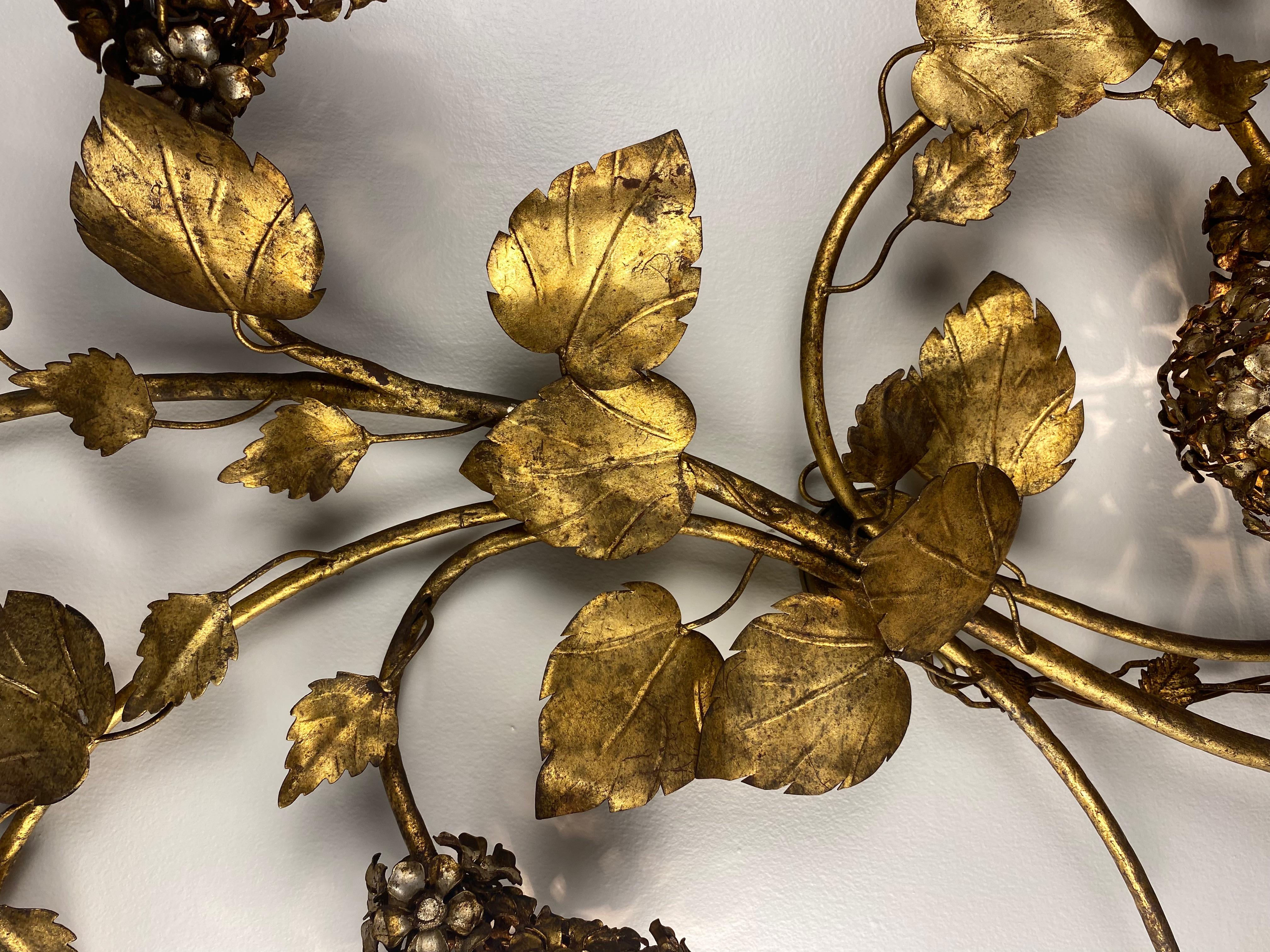 Midcentury Electric Tole Gold Gilt Sconce Leaf & Hydrangea Design Att. Hans Kogl 3
