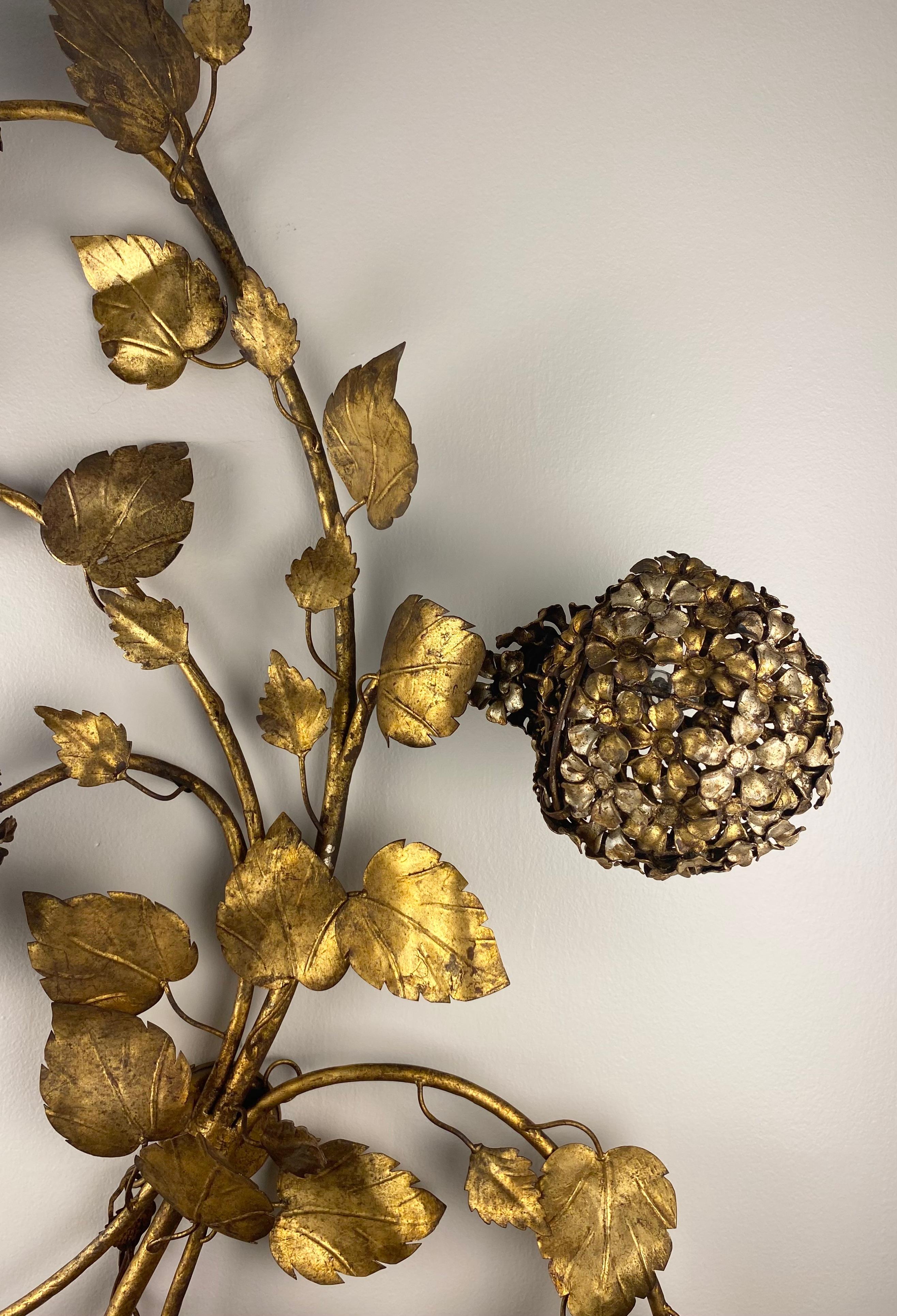 Midcentury Electric Tole Gold Gilt Sconce Leaf & Hydrangea Design Att. Hans Kogl 5