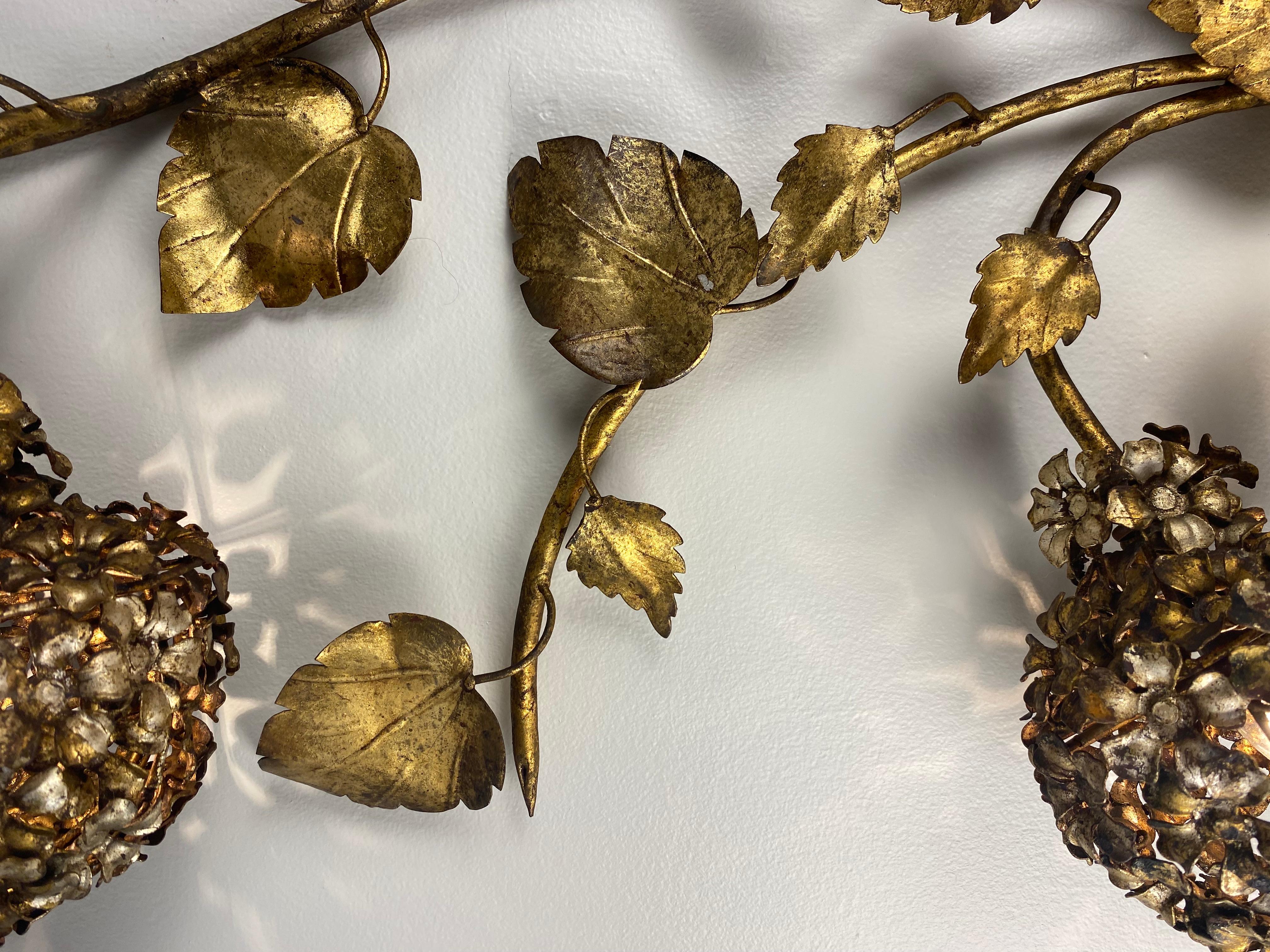 Mid-Century Modern Midcentury Electric Tole Gold Gilt Sconce Leaf & Hydrangea Design Att. Hans Kogl