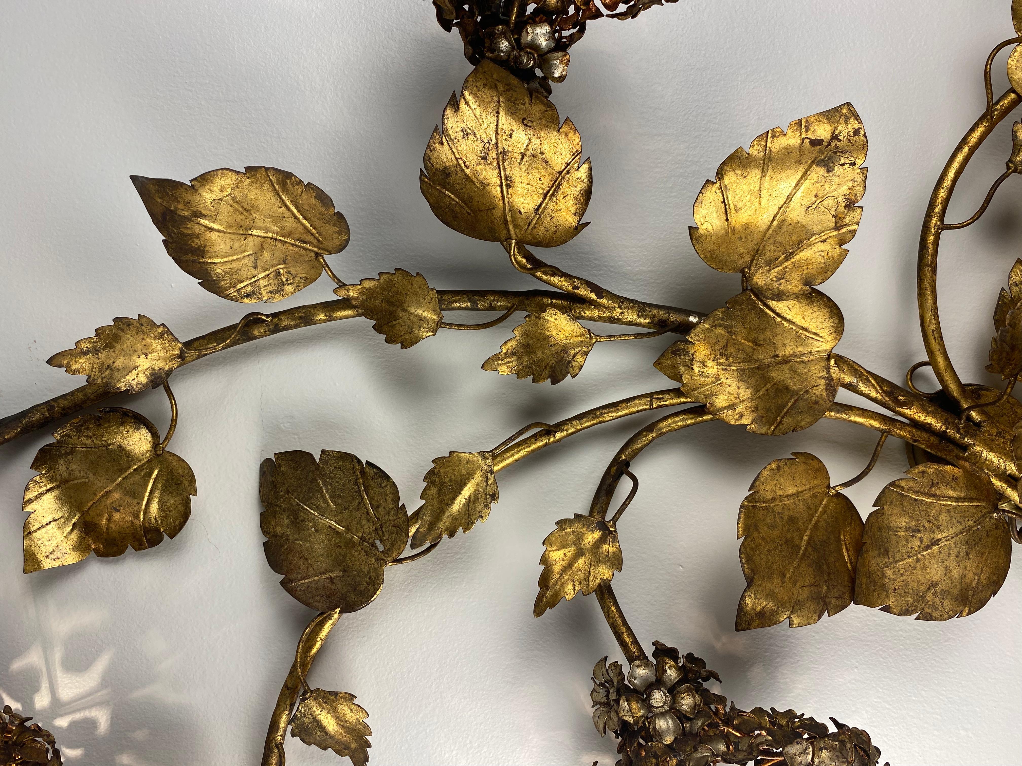 Italian Midcentury Electric Tole Gold Gilt Sconce Leaf & Hydrangea Design Att. Hans Kogl