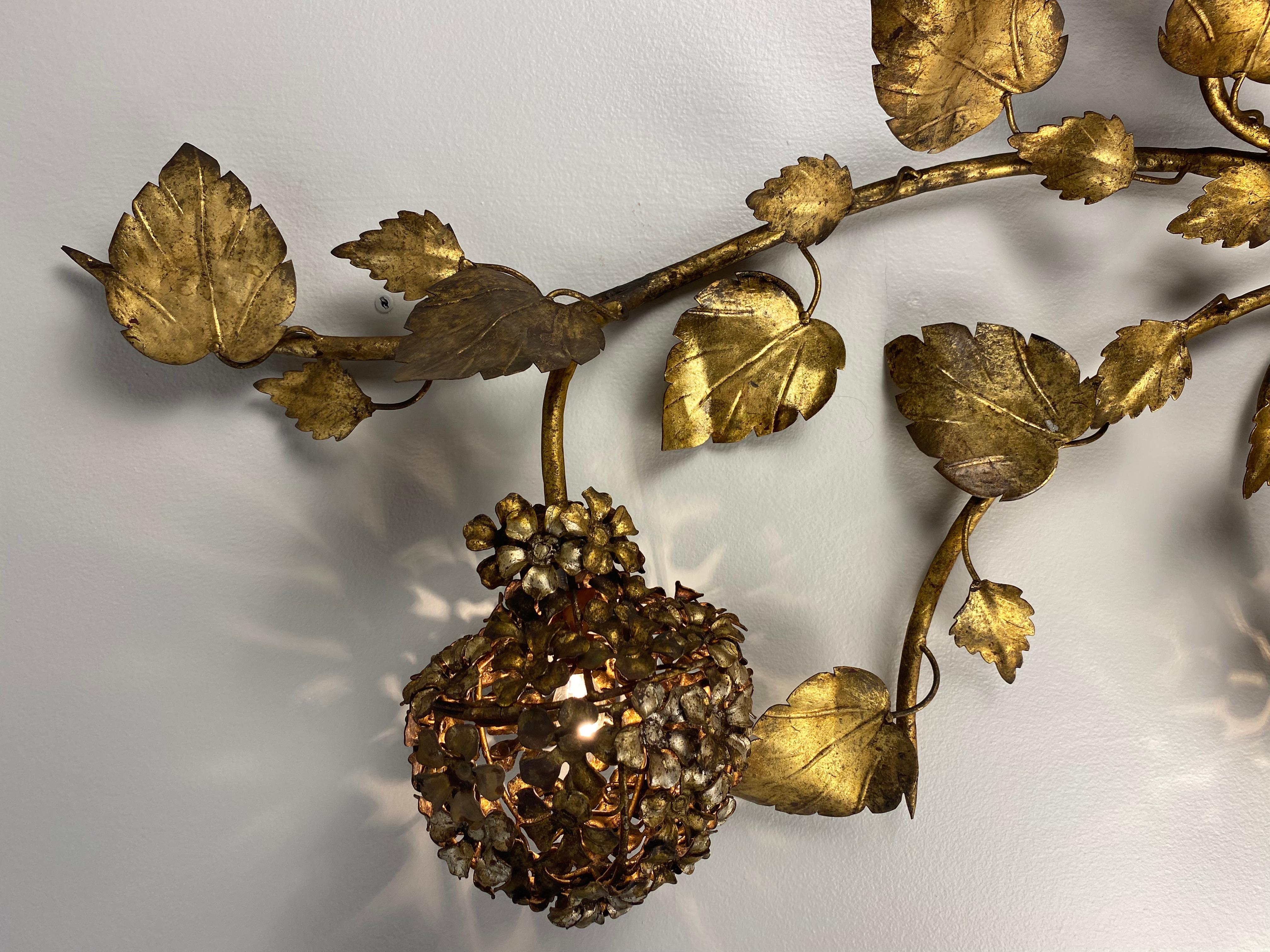 Midcentury Electric Tole Gold Gilt Sconce Leaf & Hydrangea Design Att. Hans Kogl 1