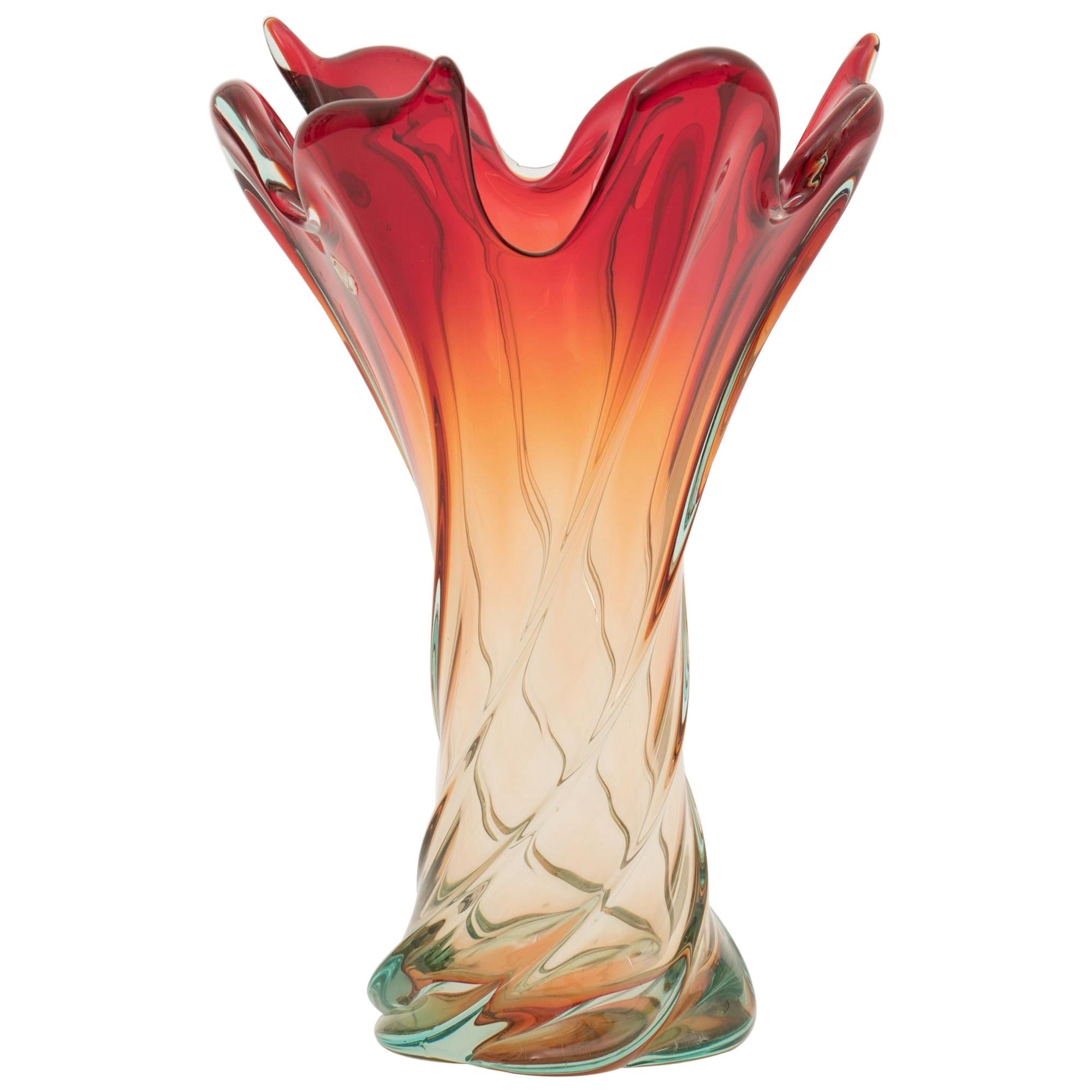 Large Midcentury Italian Murano Glass Vase circa 1960 Blue Amber to Flame Red