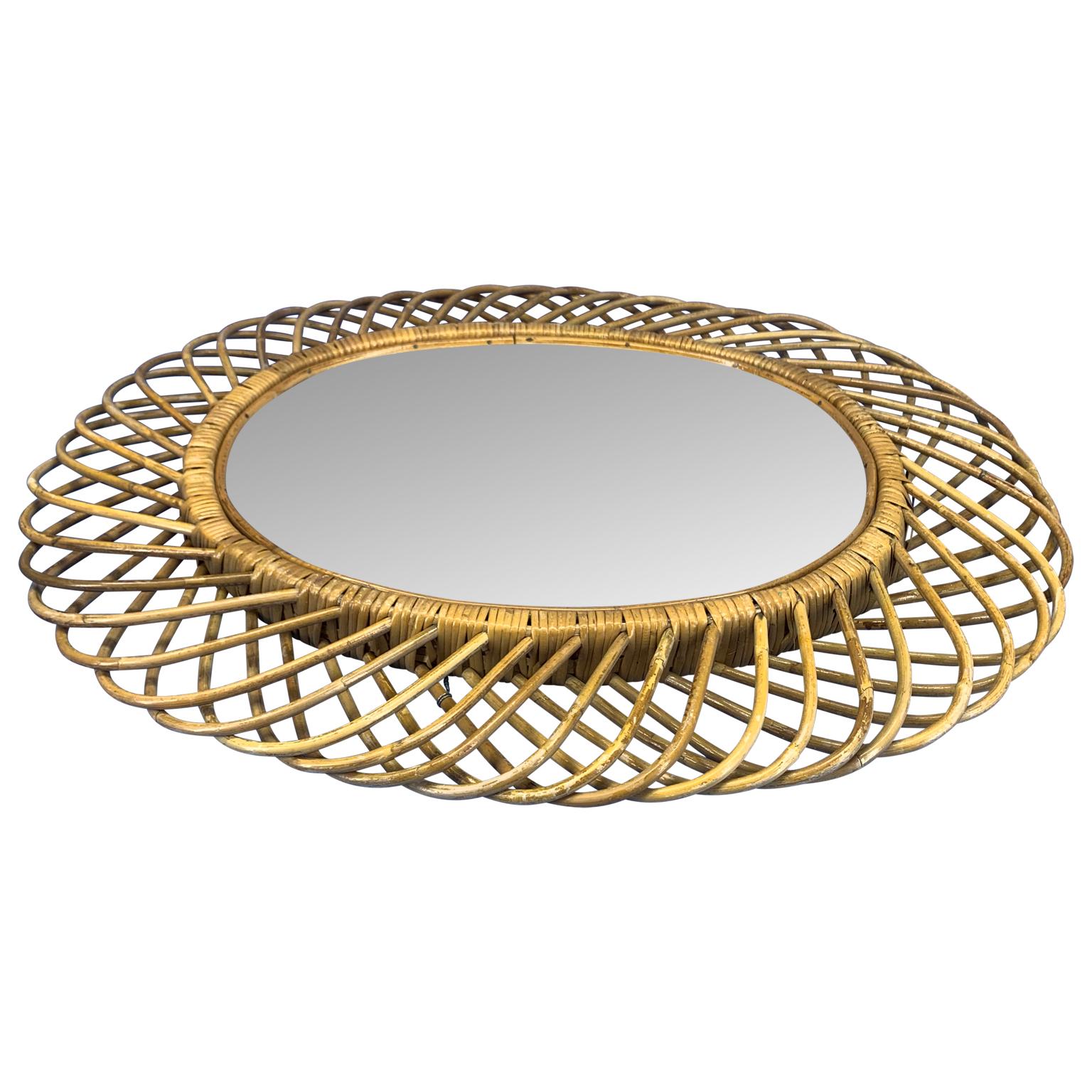 Mid-Century Modern Large Mid Century Italian Riviera Franco Albini Rattan and Bamboo Oval Mirror