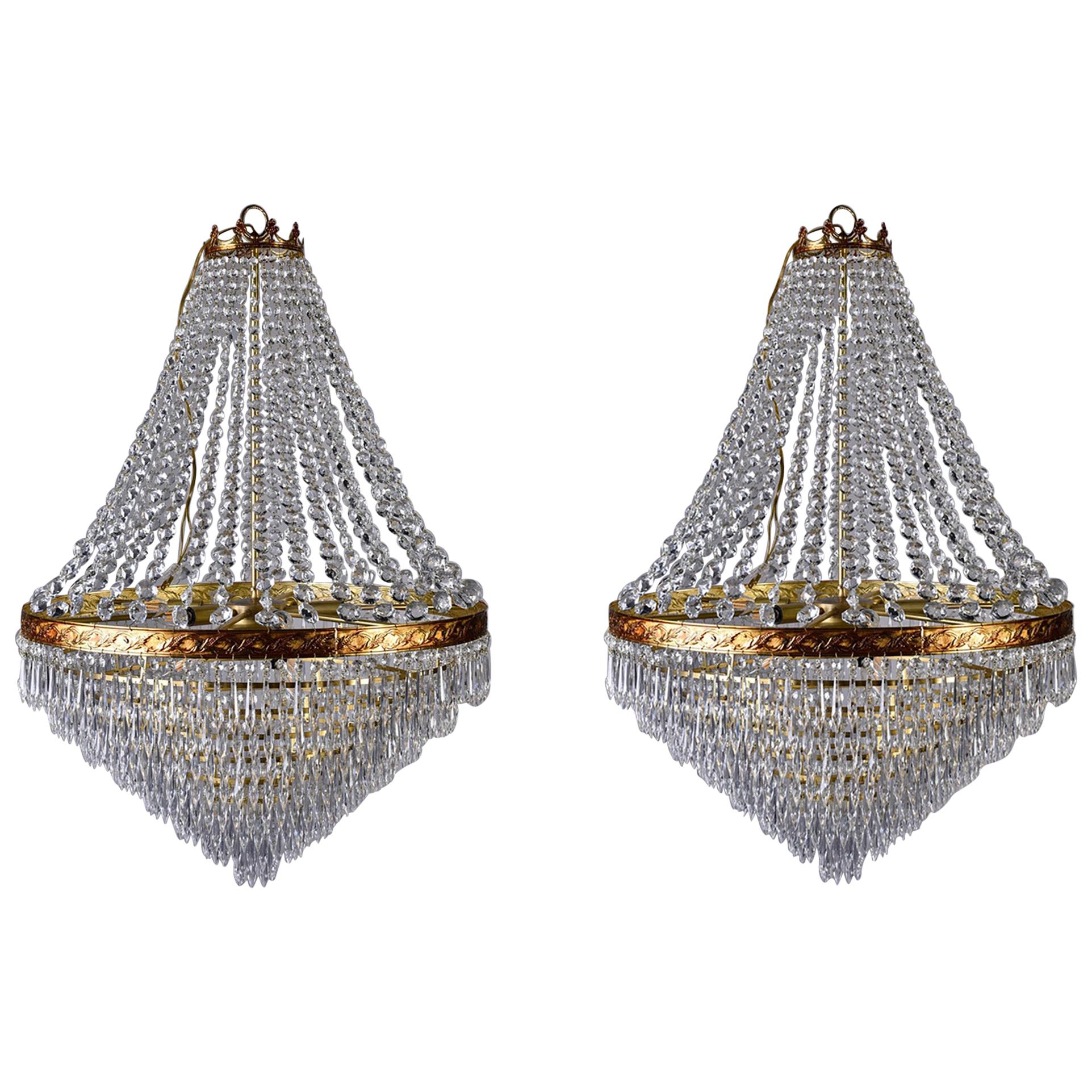 Large Midcentury Italian Wedding Cake Style Brass and Crystal Chandeliers, Pair