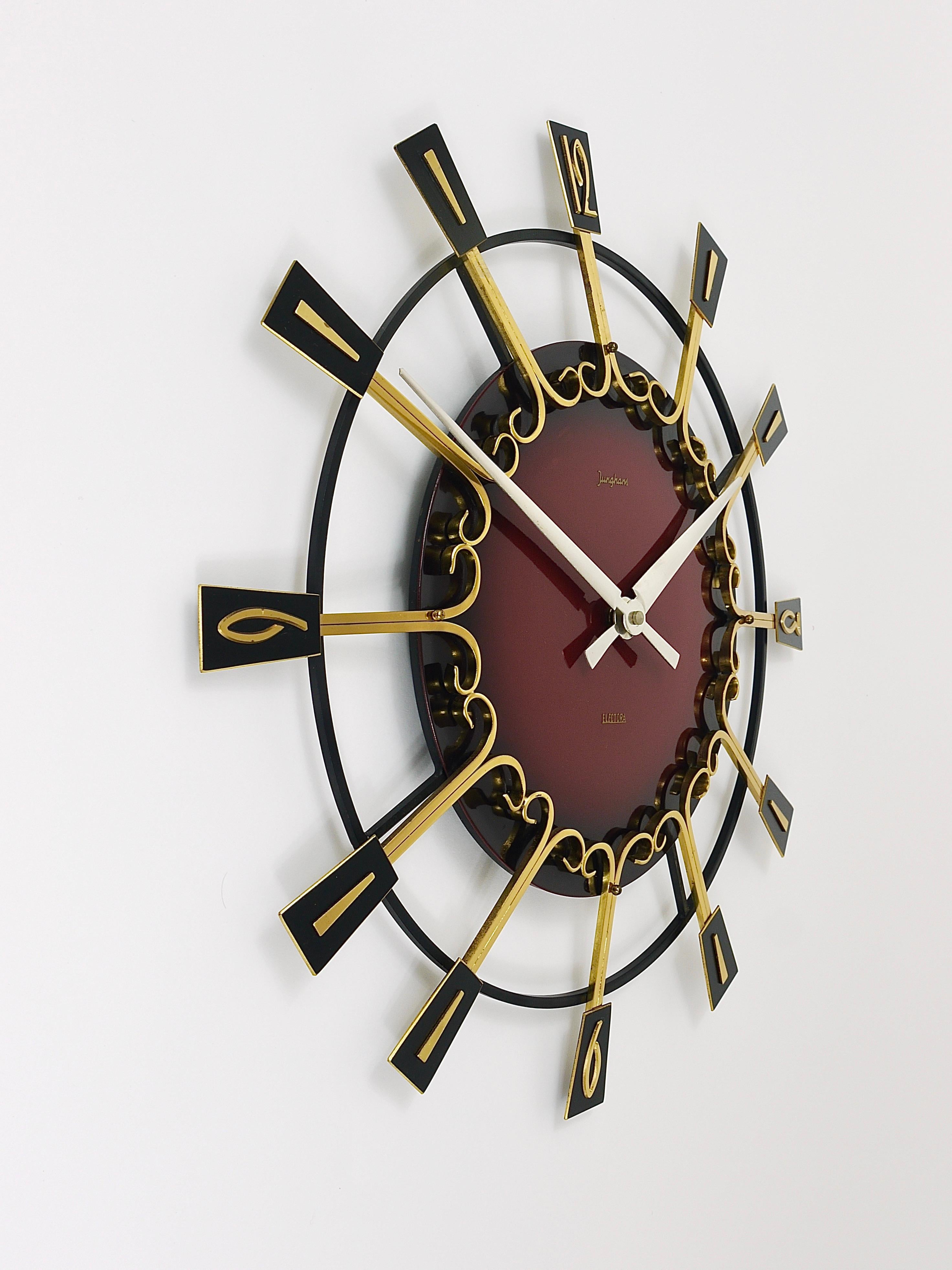 Large Mid-Century Junghans Sunburst Brutalist Brass Wall Clock, Germany, 1950s  For Sale 1