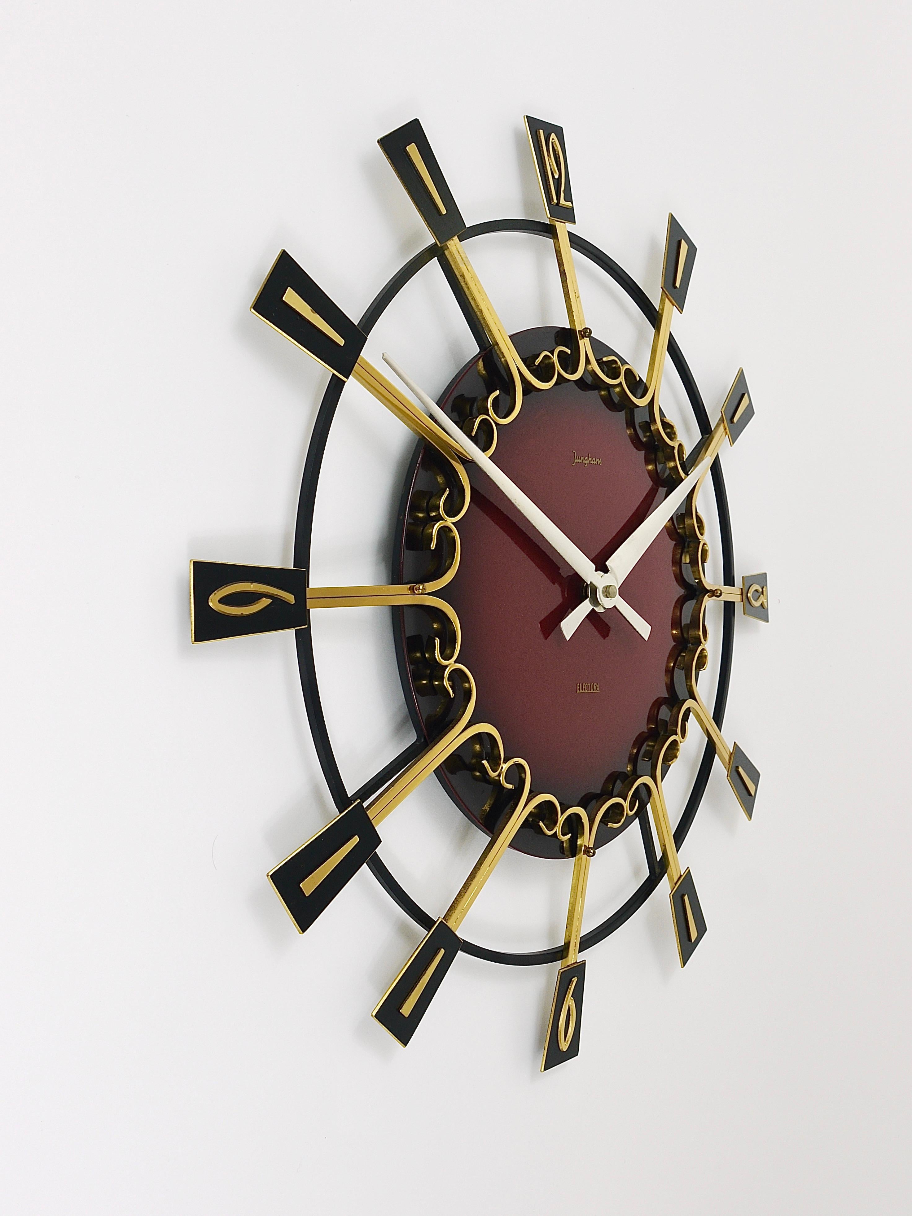 Large Mid-Century Junghans Sunburst Brutalist Brass Wall Clock, Germany, 1950s 1