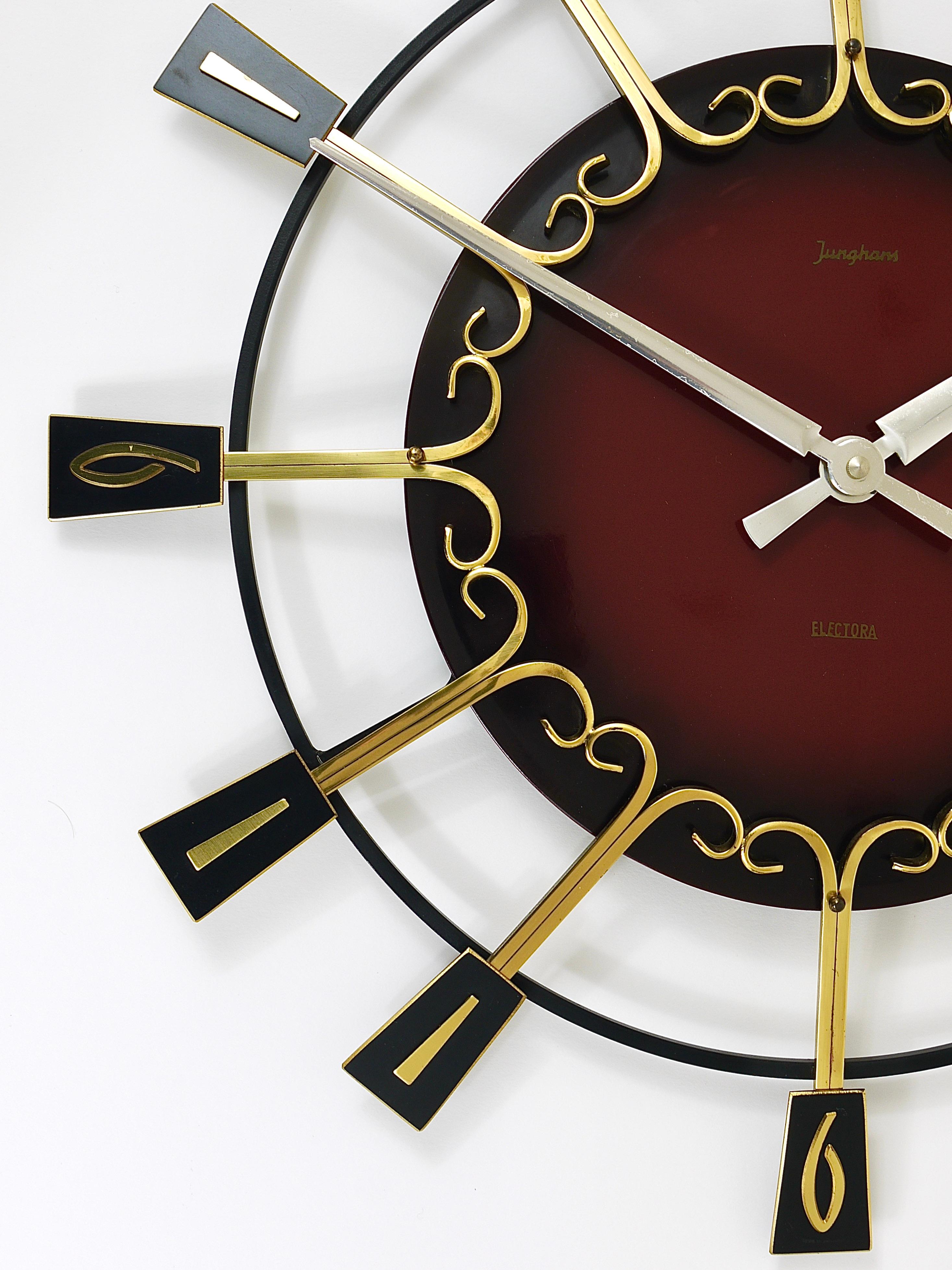 Large Mid-Century Junghans Sunburst Brutalist Brass Wall Clock, Germany, 1950s  For Sale 2