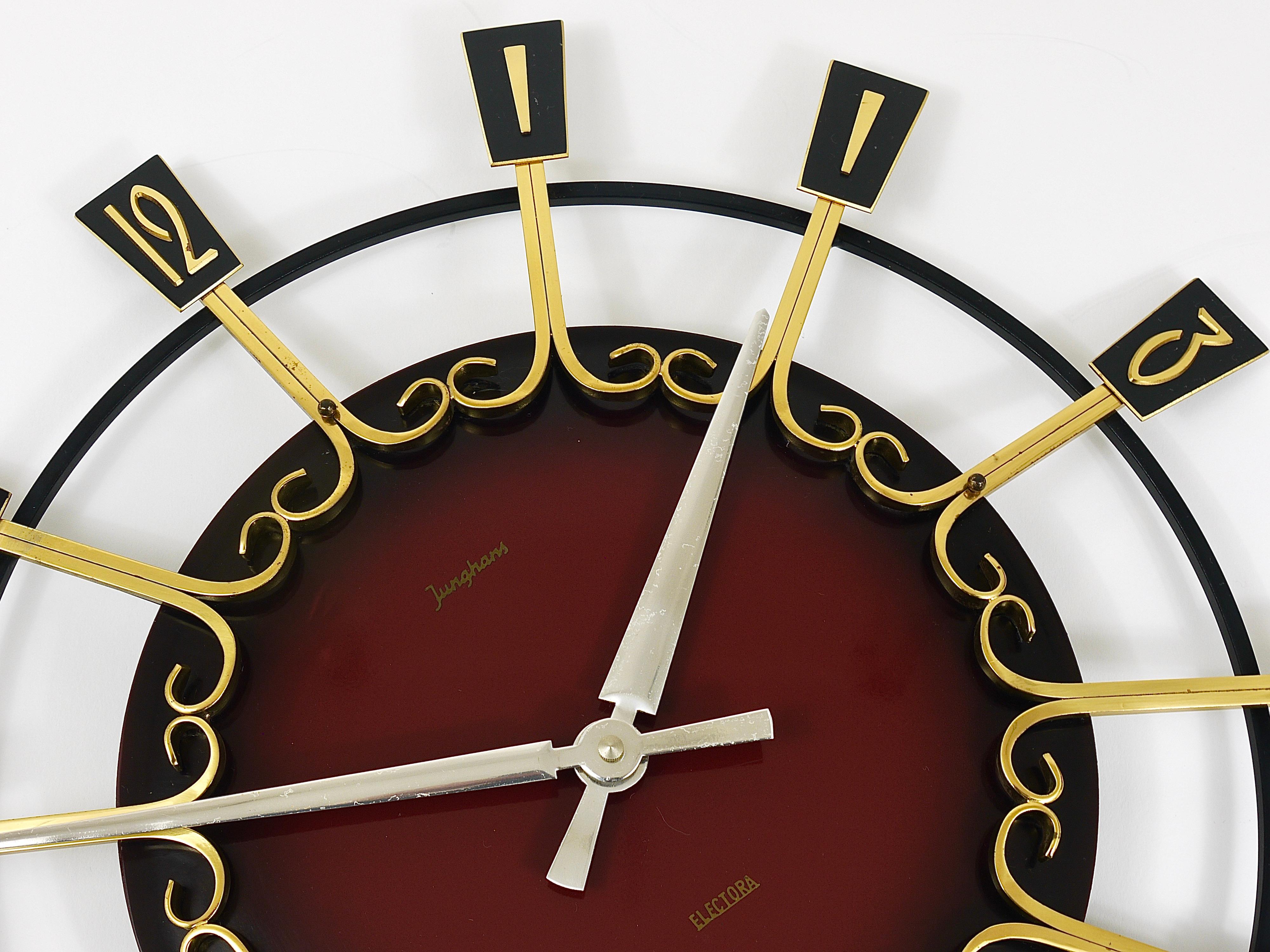 Large Mid-Century Junghans Sunburst Brutalist Brass Wall Clock, Germany, 1950s 3