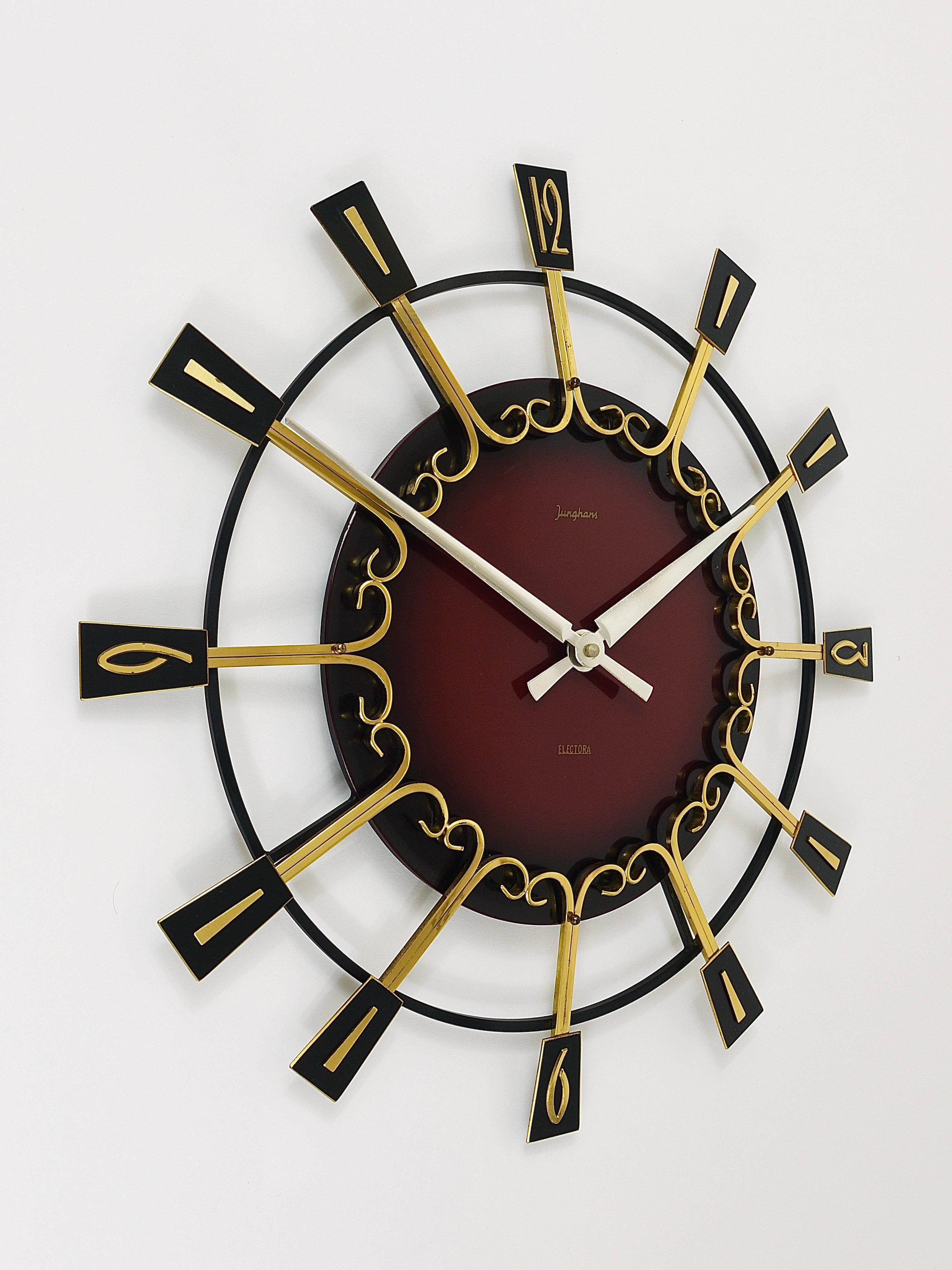 Mid-Century Modern Large Mid-Century Junghans Sunburst Brutalist Brass Wall Clock, Germany, 1950s  For Sale