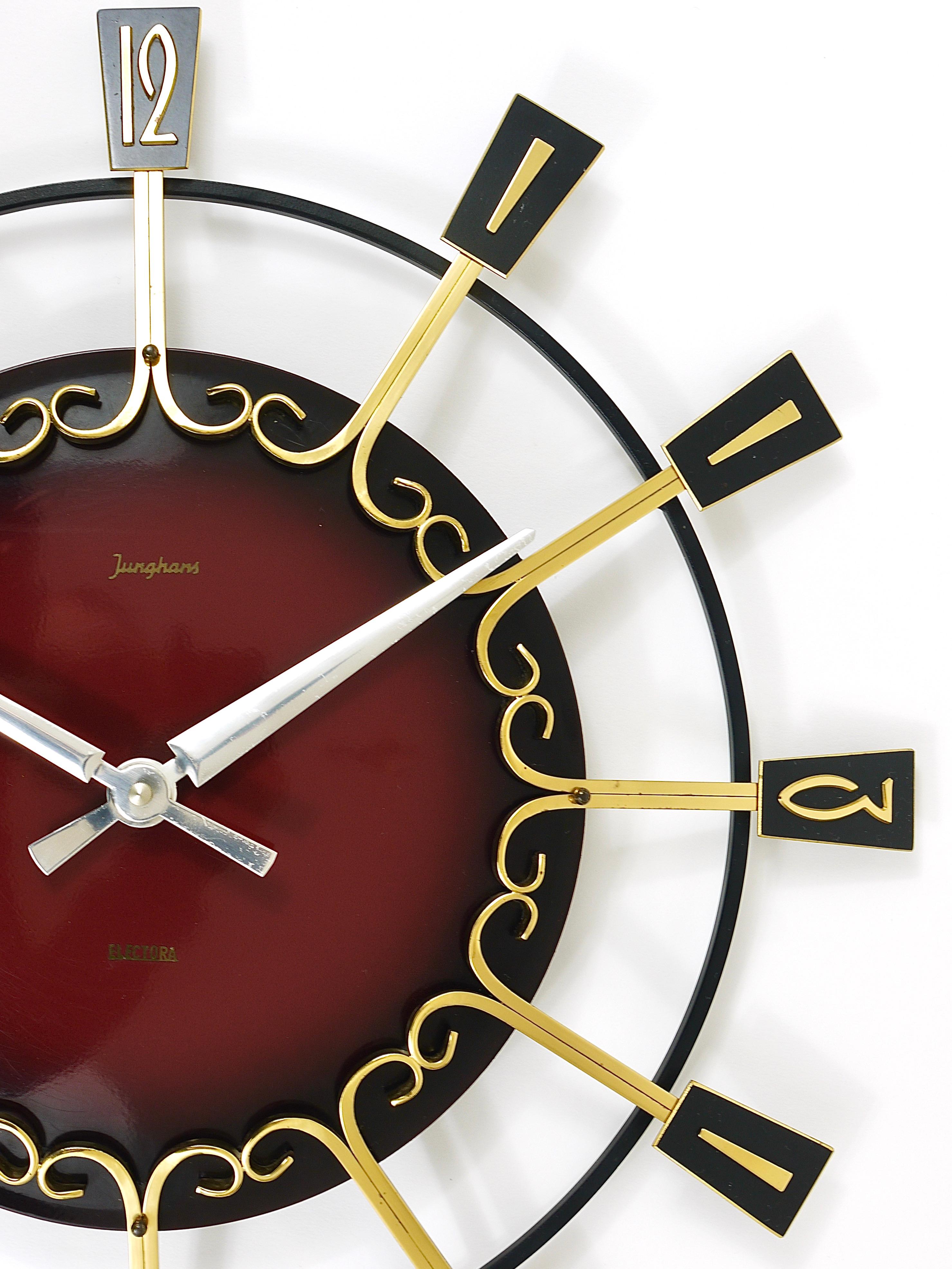 Metal Large Mid-Century Junghans Sunburst Brutalist Brass Wall Clock, Germany, 1950s