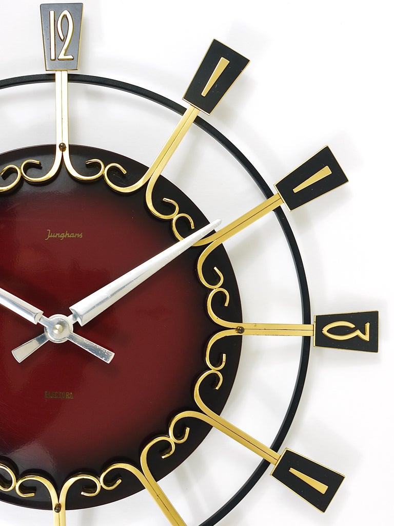 Large MidCentury Junghans Sunburst Brutalist Brass Wall Clock, Germany