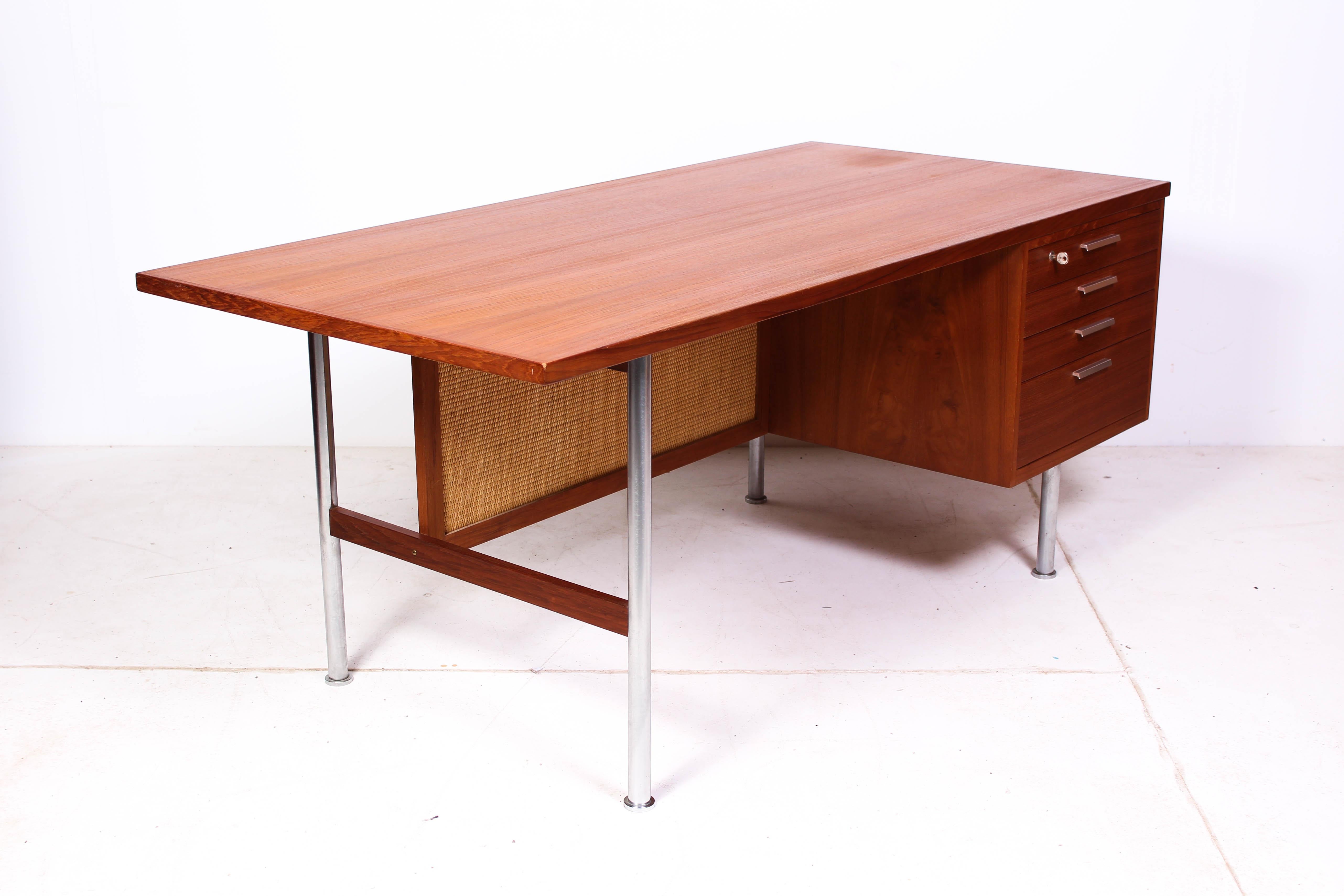 Cane Large Midcentury Kai Kristiansen Teak Desk by FM Møbler For Sale