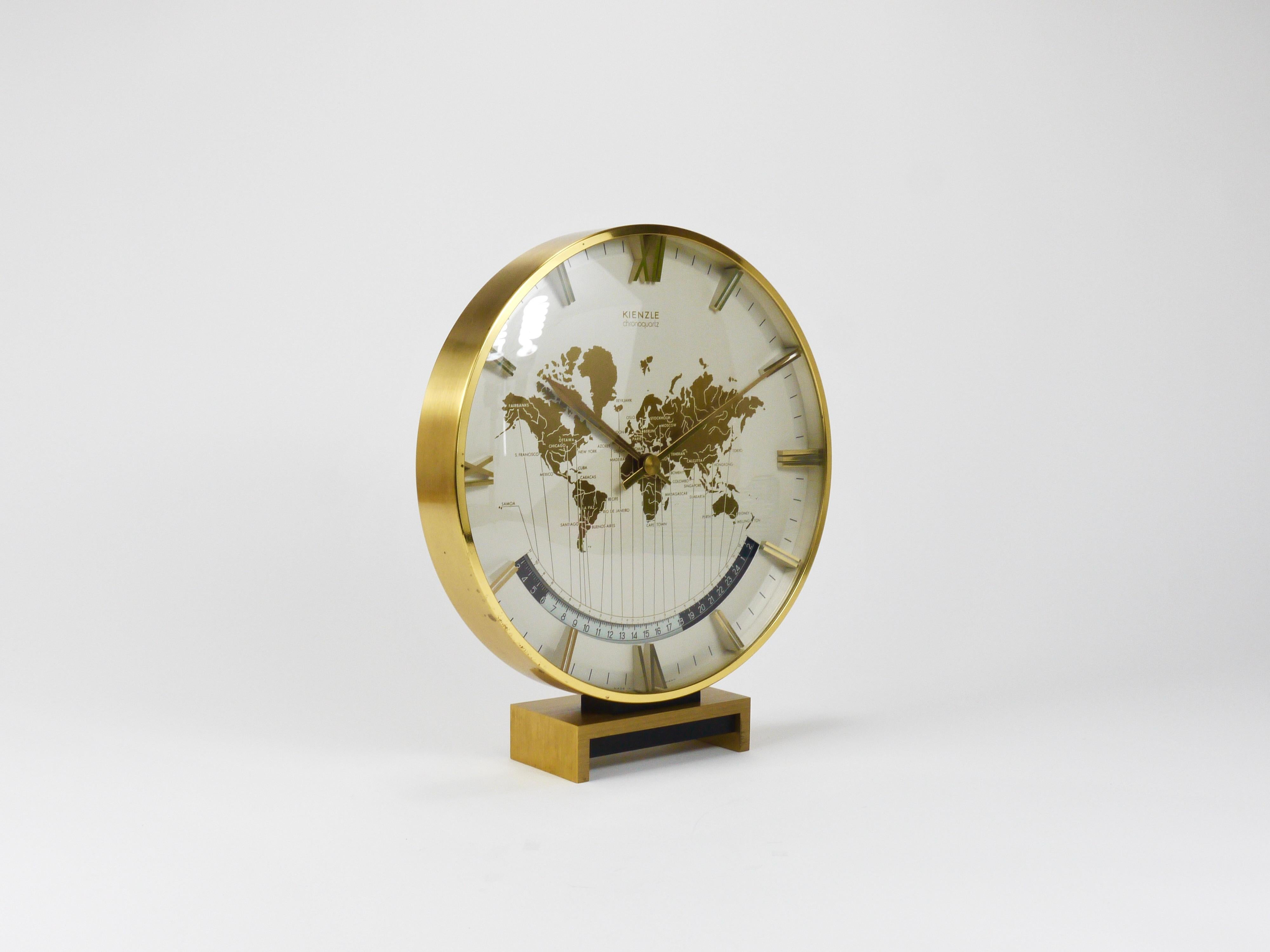 Large Midcentury Kienzle GMT World Time Zone Brass Table Clock, Germany, 1960s For Sale 5