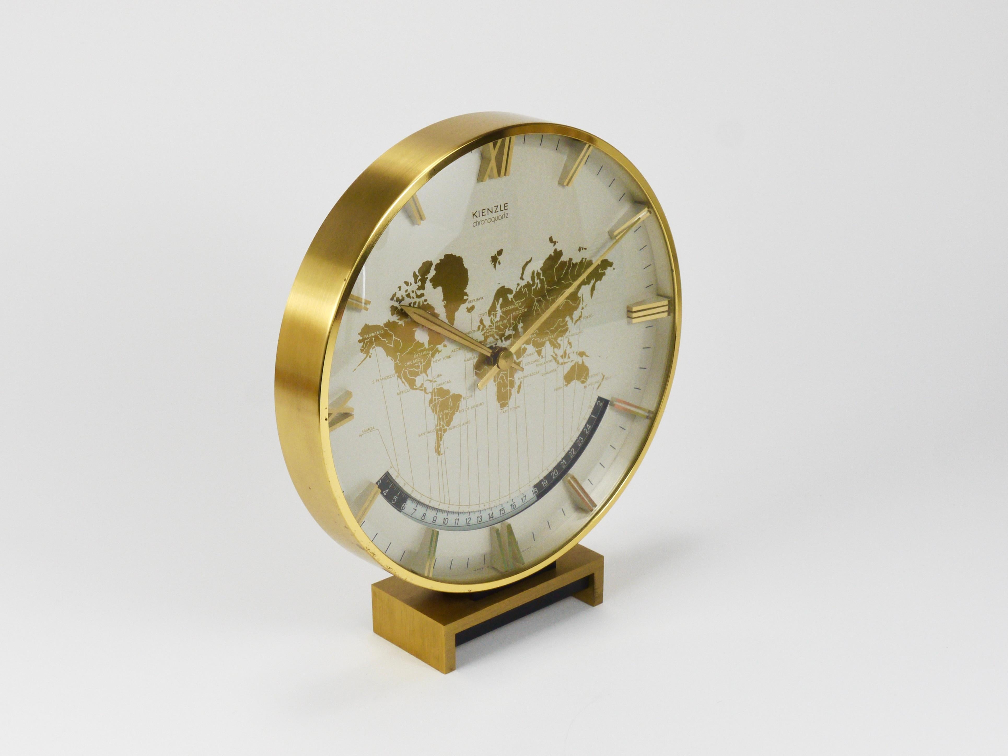 Large Midcentury Kienzle GMT World Time Zone Brass Table Clock, Germany, 1960s For Sale 7