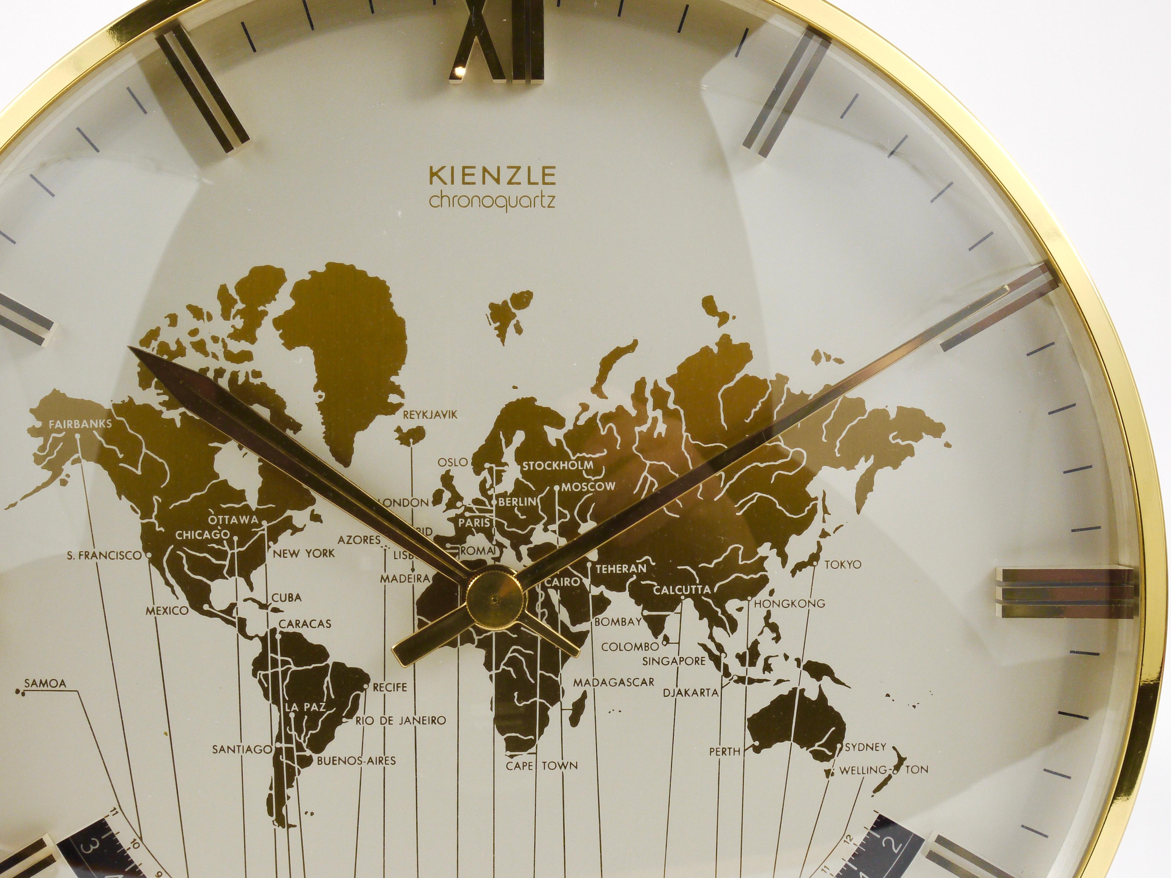 Large Midcentury Kienzle GMT World Time Zone Brass Table Clock, Germany, 1960s For Sale 8
