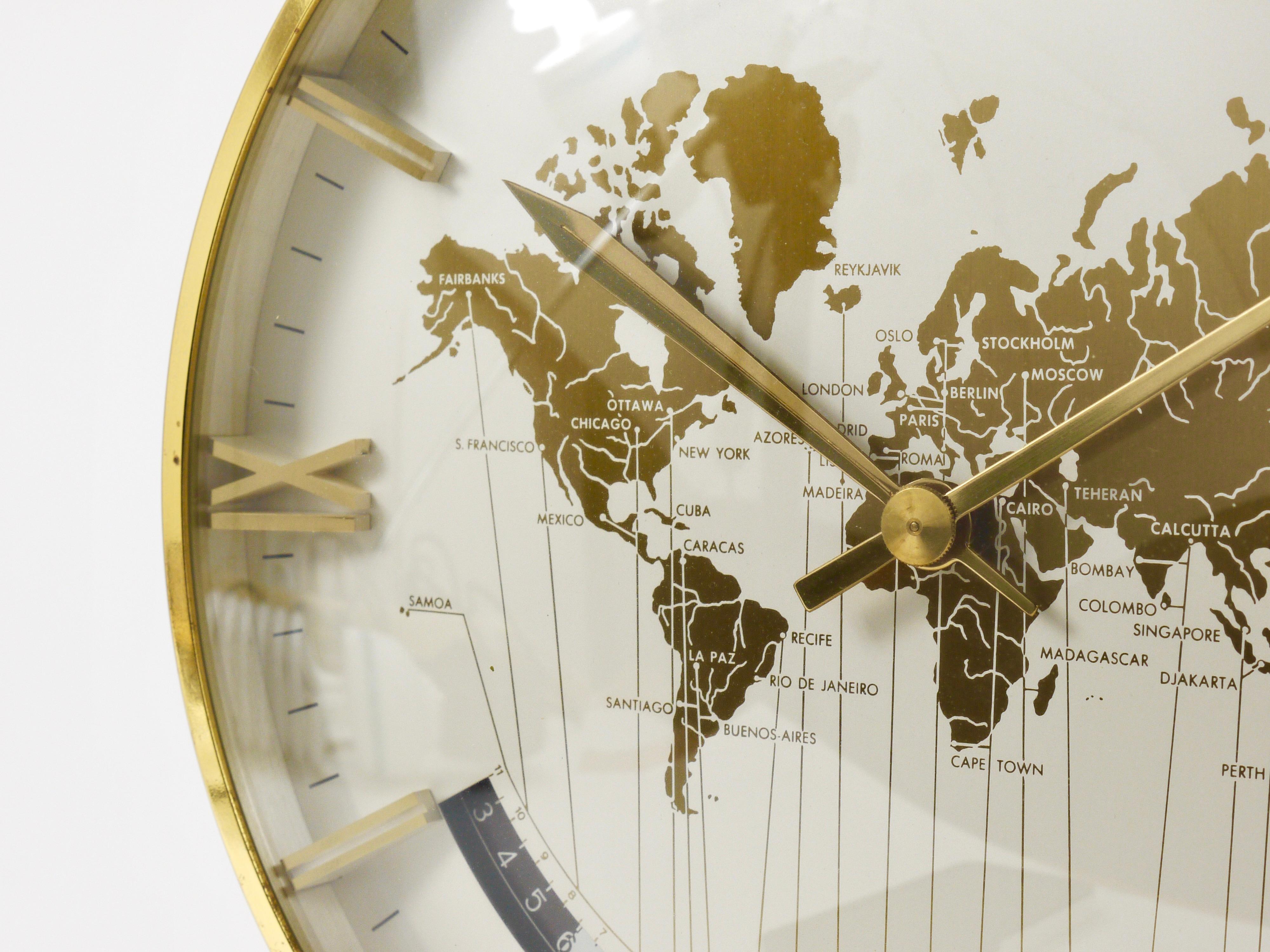 Large Midcentury Kienzle GMT World Time Zone Brass Table Clock, Germany, 1960s For Sale 9