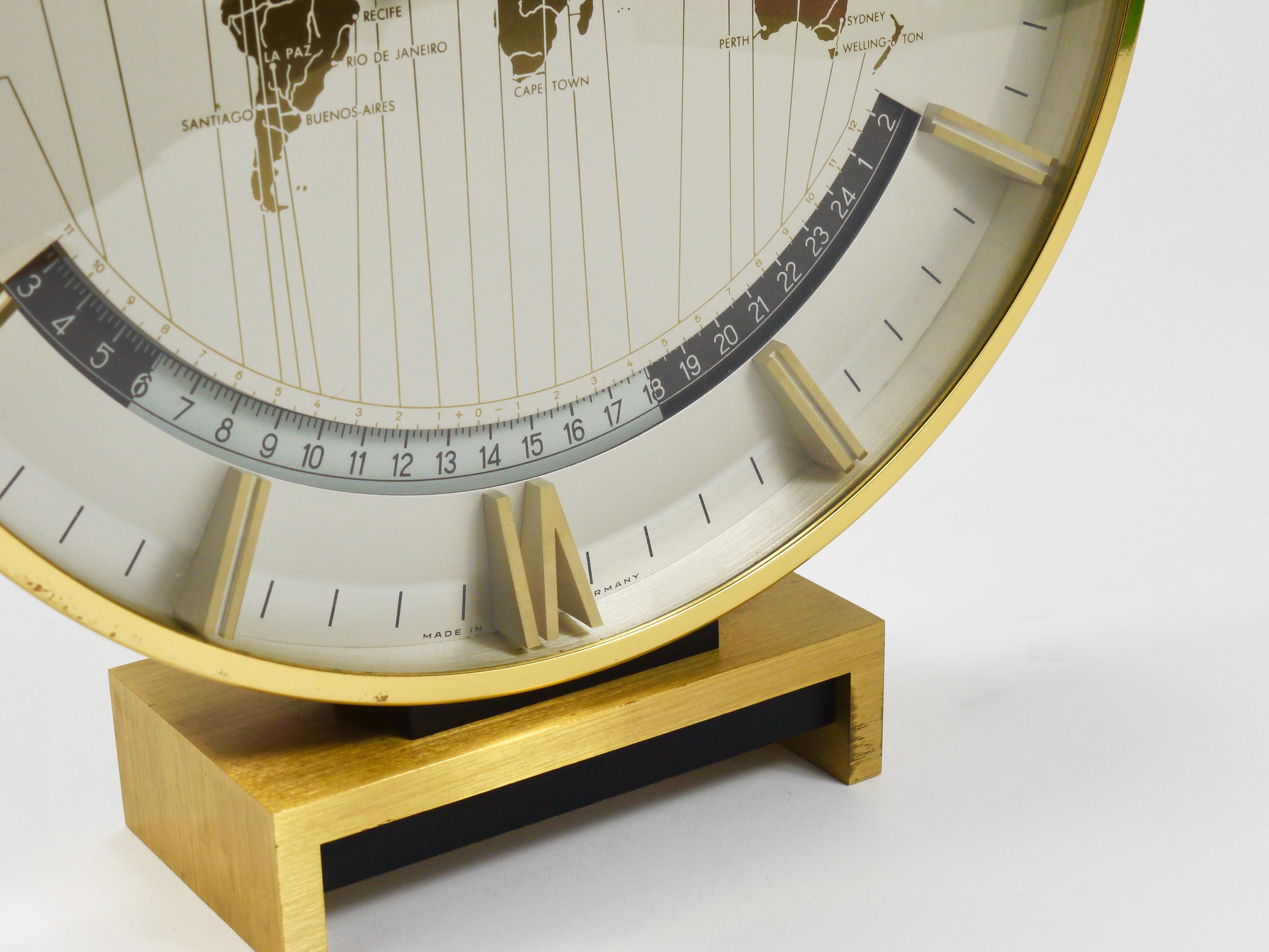 Large Midcentury Kienzle GMT World Time Zone Brass Table Clock, Germany, 1960s For Sale 12