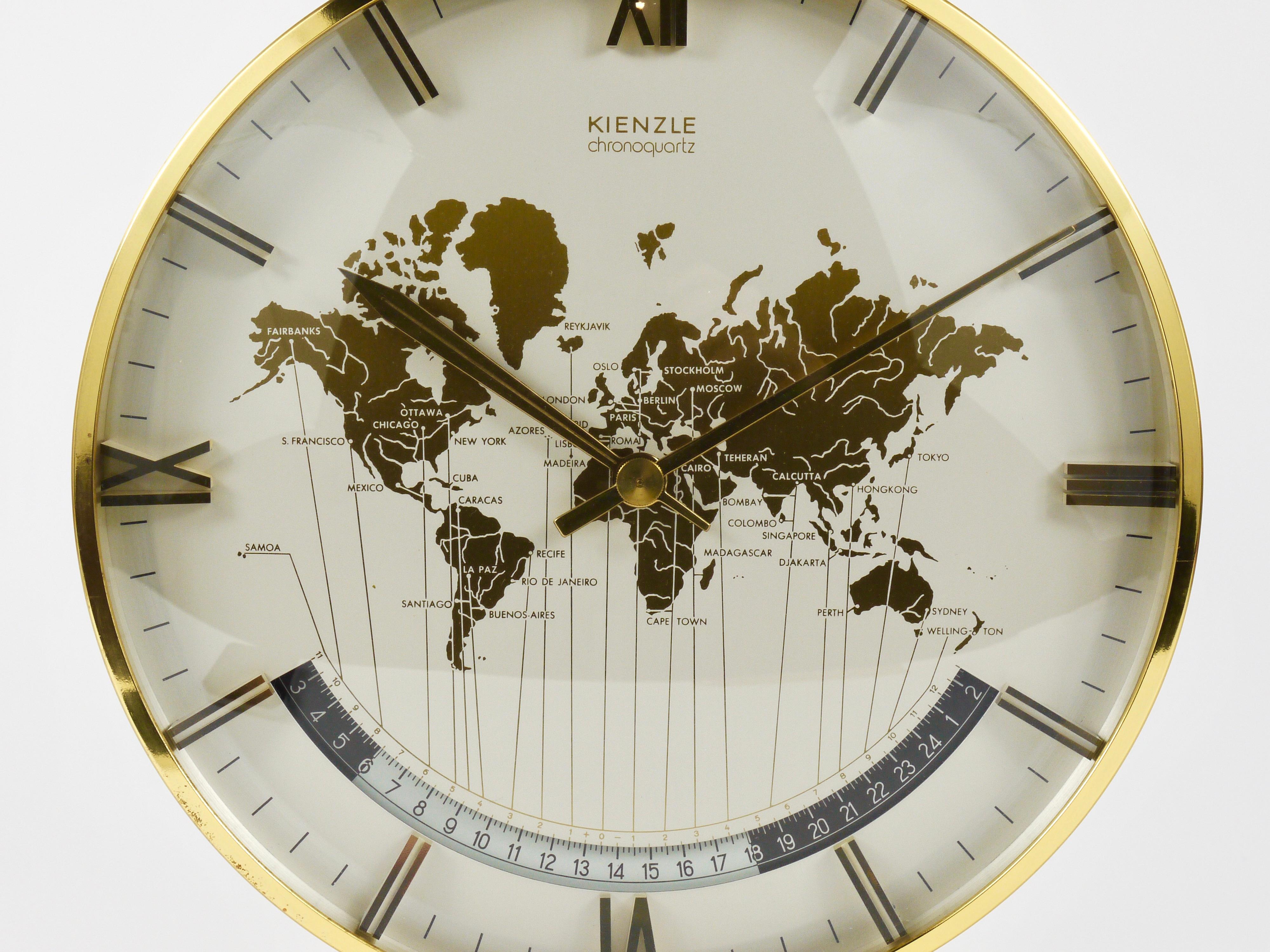 Mid-Century Modern Large Midcentury Kienzle GMT World Time Zone Brass Table Clock, Germany, 1960s For Sale