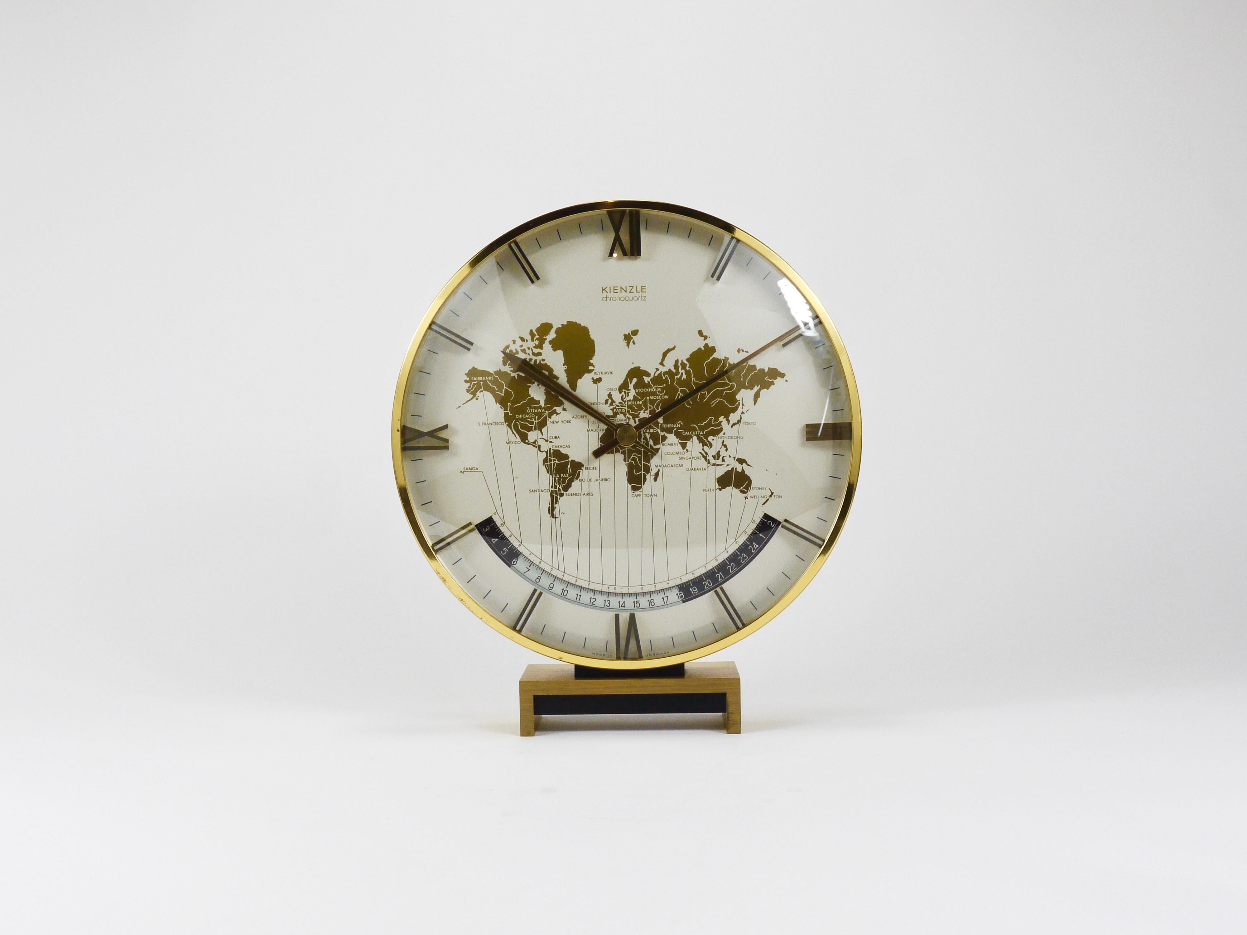 Large Midcentury Kienzle GMT World Time Zone Brass Table Clock, Germany, 1960s In Good Condition For Sale In Vienna, AT