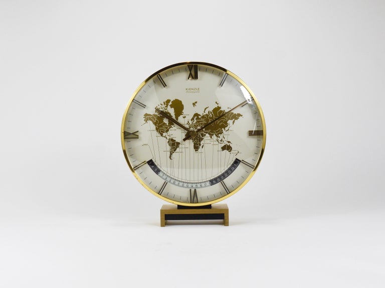 Large Midcentury Kienzle GMT World Time Zone Brass Table Clock
