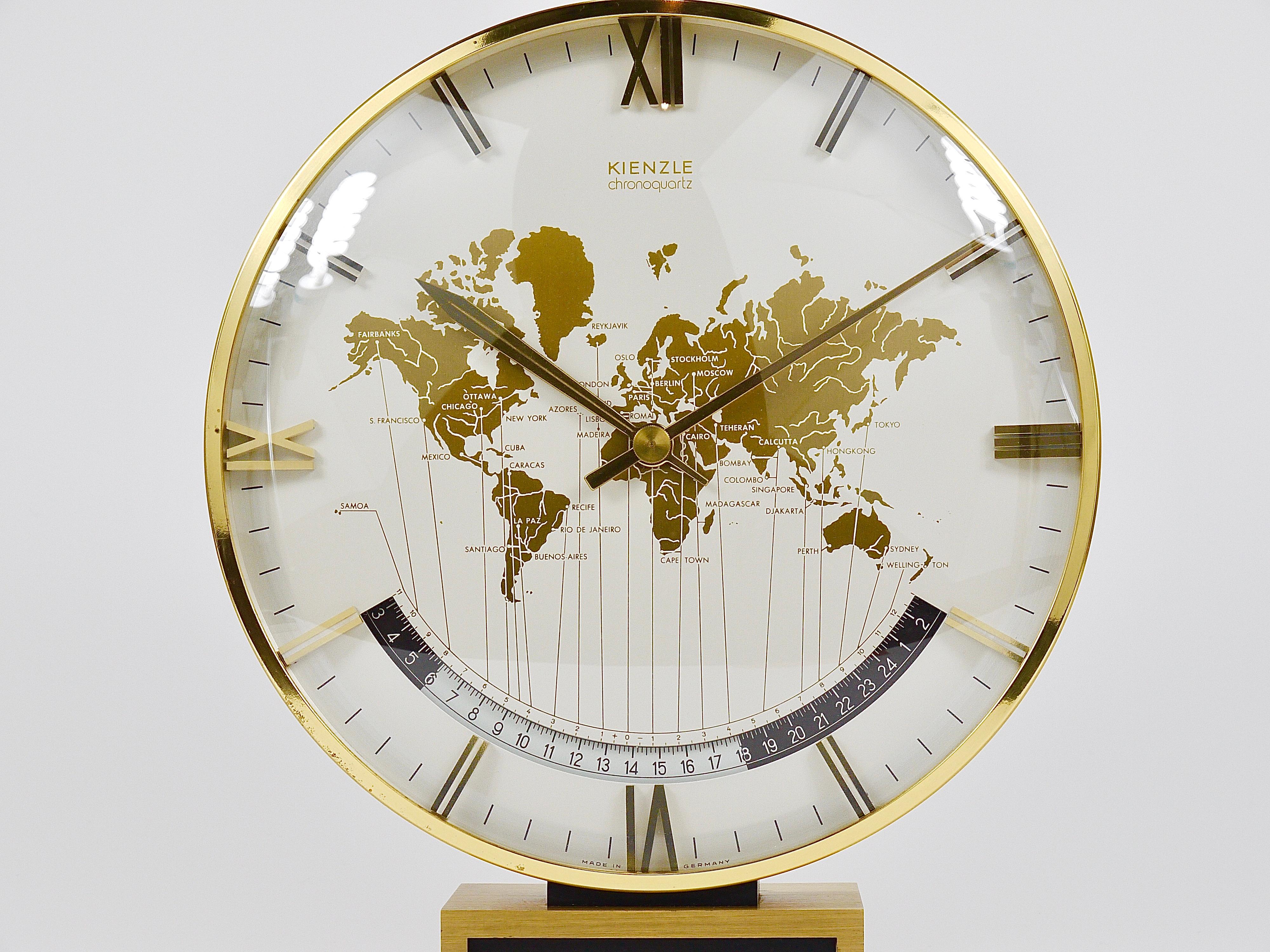 20th Century Large Midcentury Kienzle GMT World Time Zone Brass Table Clock, Germany, 1960s For Sale
