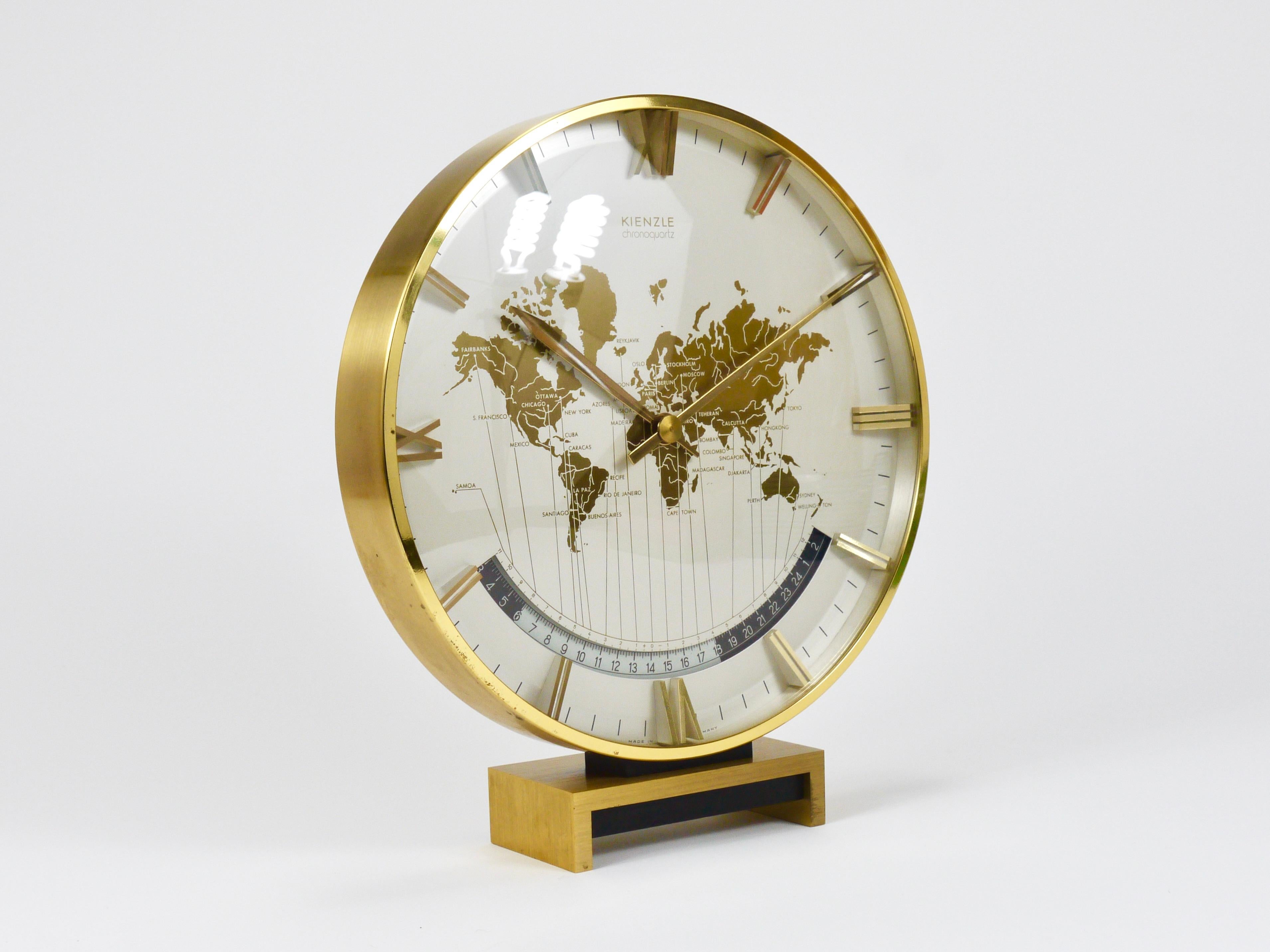 Large Midcentury Kienzle GMT World Time Zone Brass Table Clock, Germany, 1960s For Sale 1