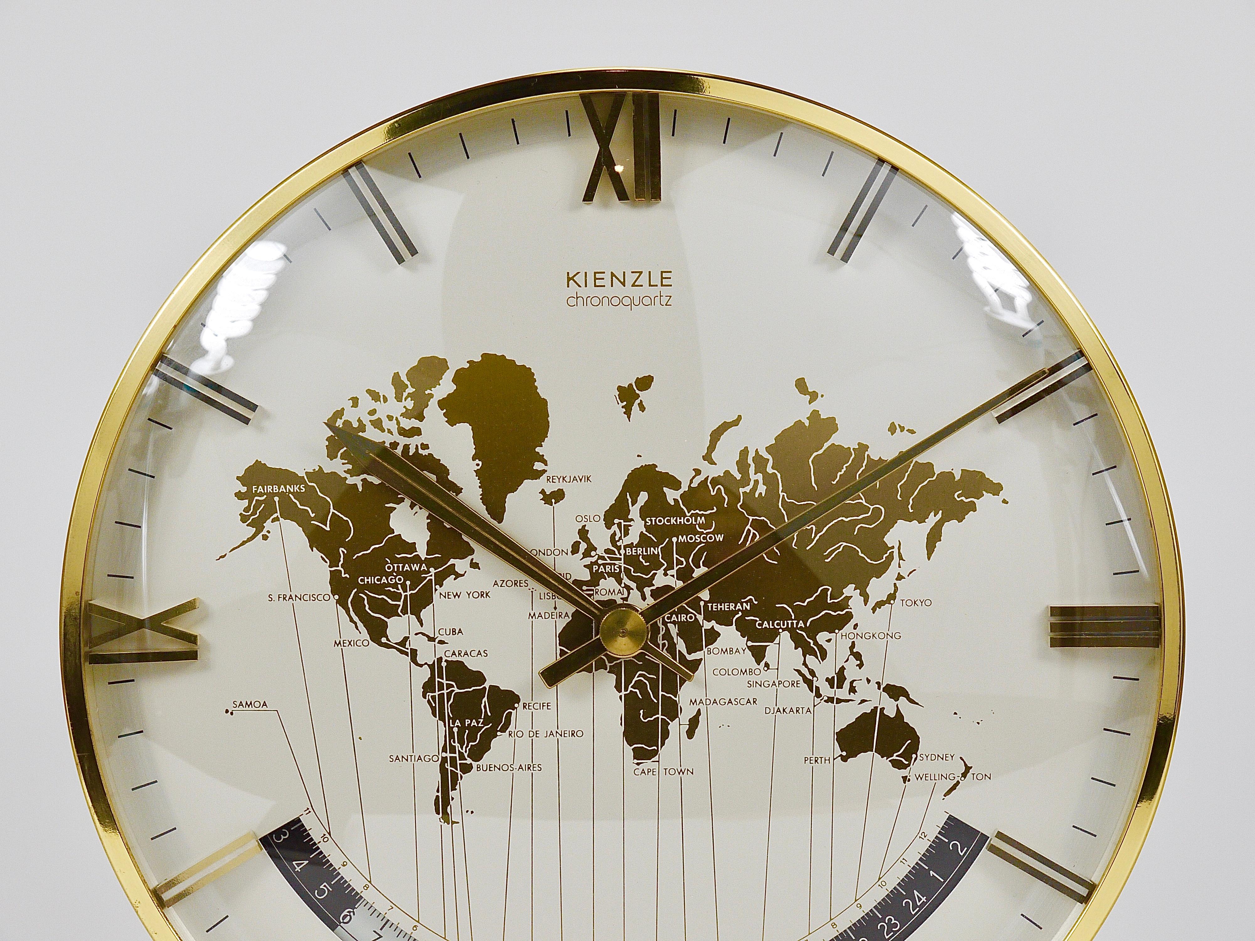 Large Midcentury Kienzle GMT World Time Zone Brass Table Clock, Germany, 1960s For Sale 2