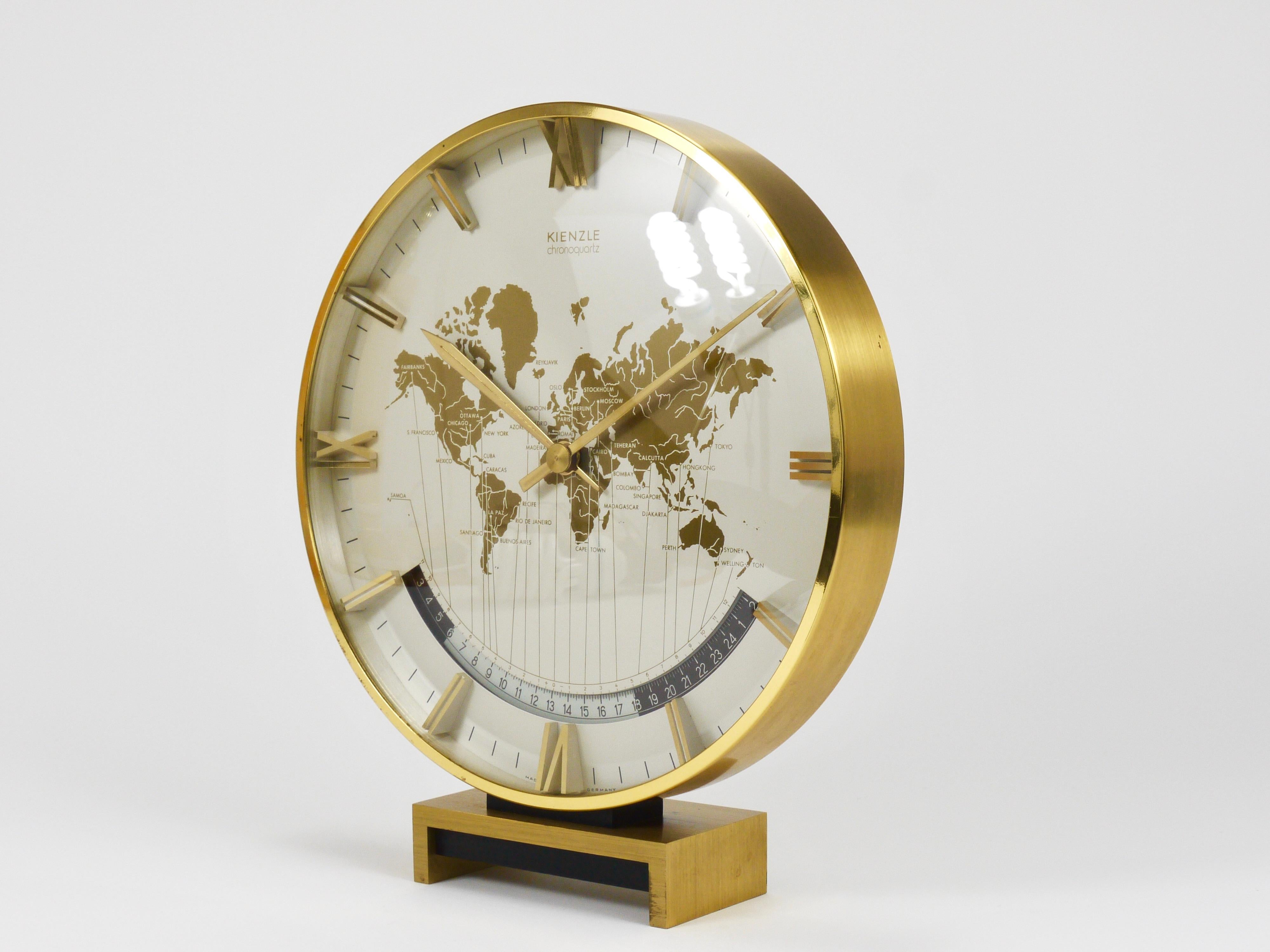 Large Midcentury Kienzle GMT World Time Zone Brass Table Clock, Germany, 1960s For Sale 3