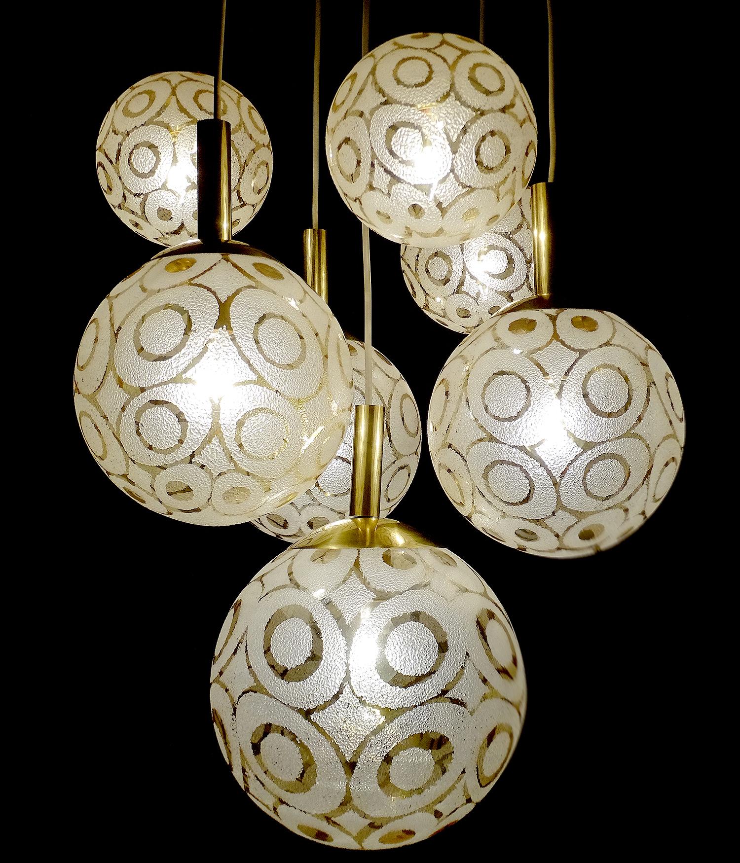 Brass XXL 1970s Limburg 7-Tier Glass Globes Pendant Light For Sale