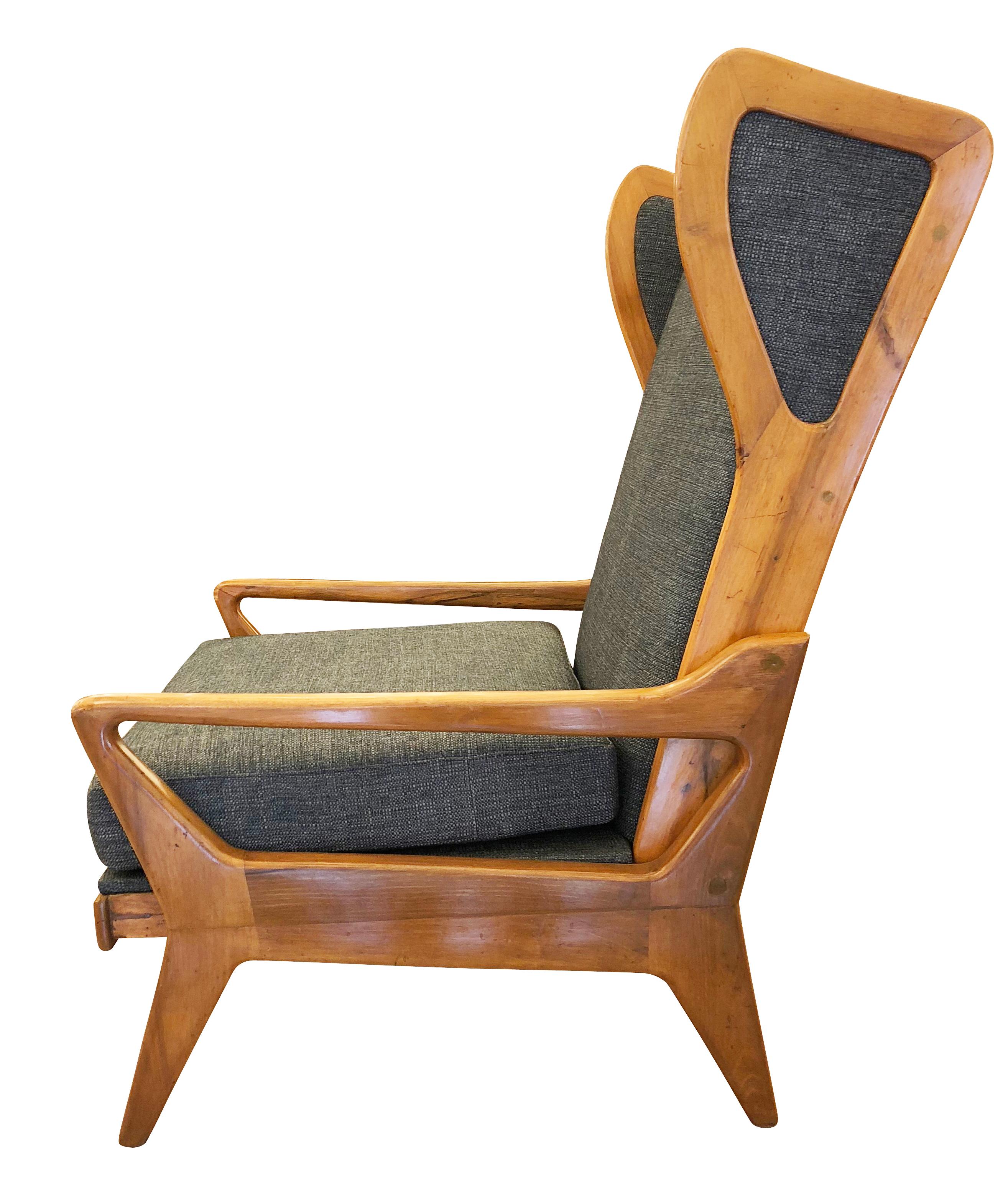 Italian Large Midcentury Lounge Chair with Walnut Frame