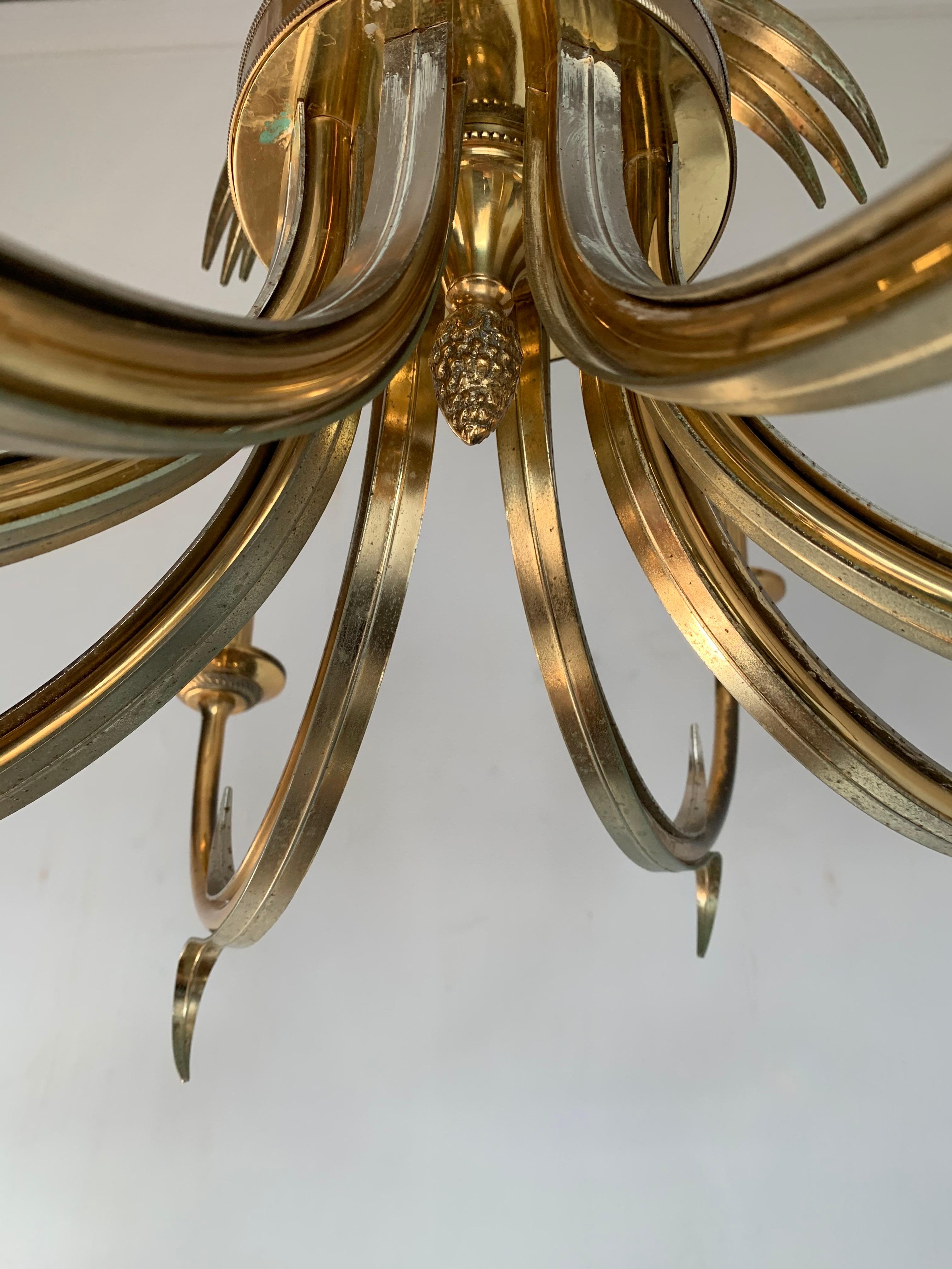 Large Midcentury Made Matching Pair of Hollywood Regency Leaf Design Chandeliers For Sale 5