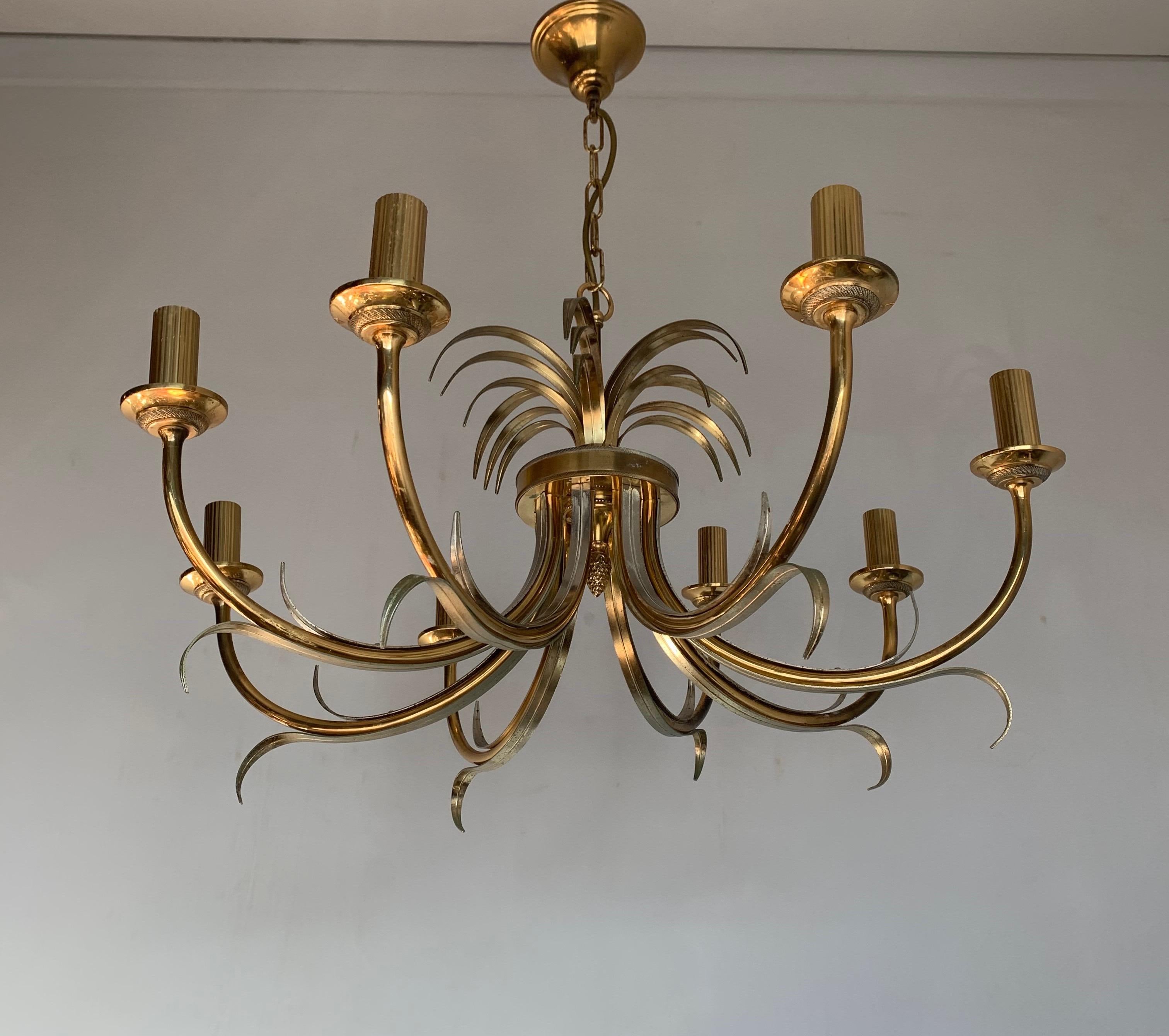 European Large Midcentury Made Matching Pair of Hollywood Regency Leaf Design Chandeliers For Sale