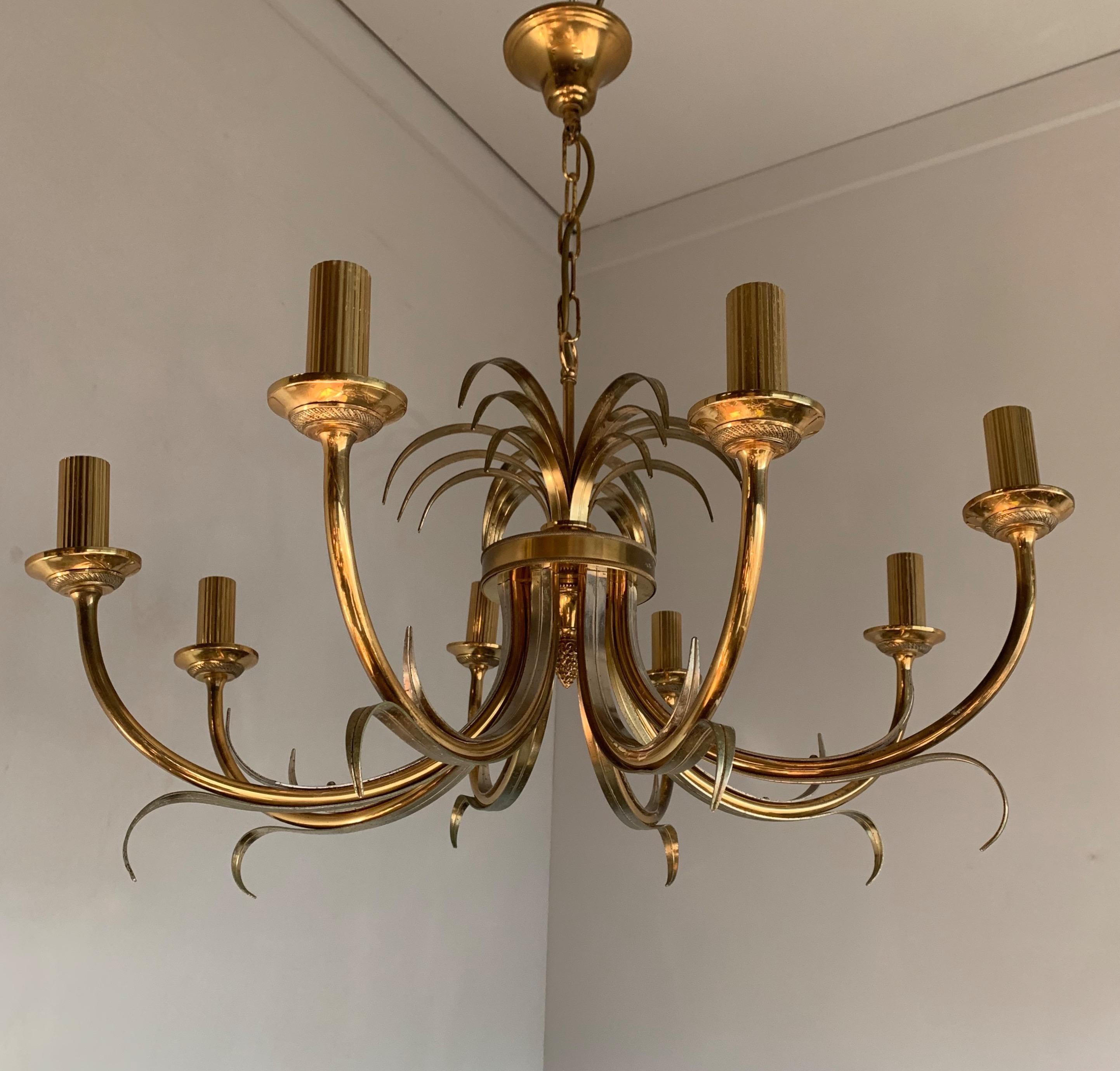 20th Century Large Midcentury Made Matching Pair of Hollywood Regency Leaf Design Chandeliers For Sale